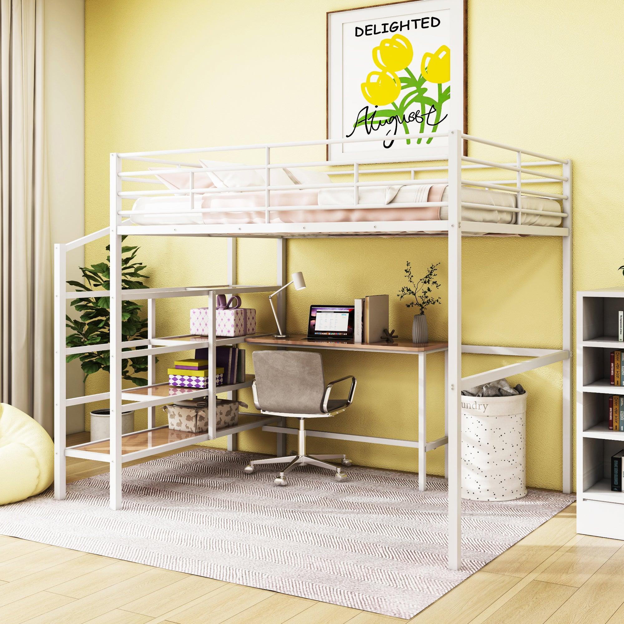 Full Size Metal Loft Bed with Desk and Lateral Storage Ladder, White