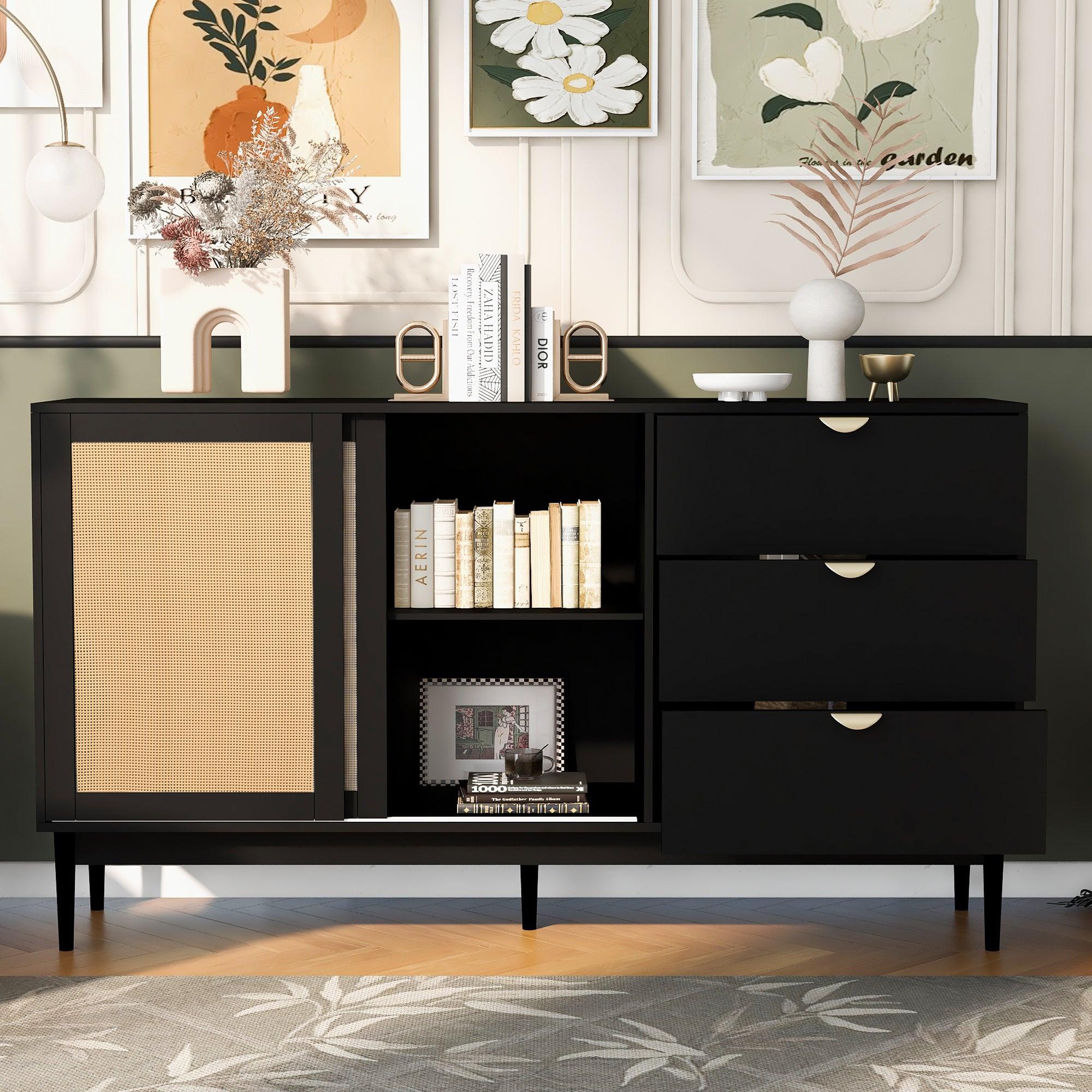 Featured Two-door Storage Cabinet with Three Drawers and Metal Handles , Suitable for Corridors, Entrances, Living rooms, and Study