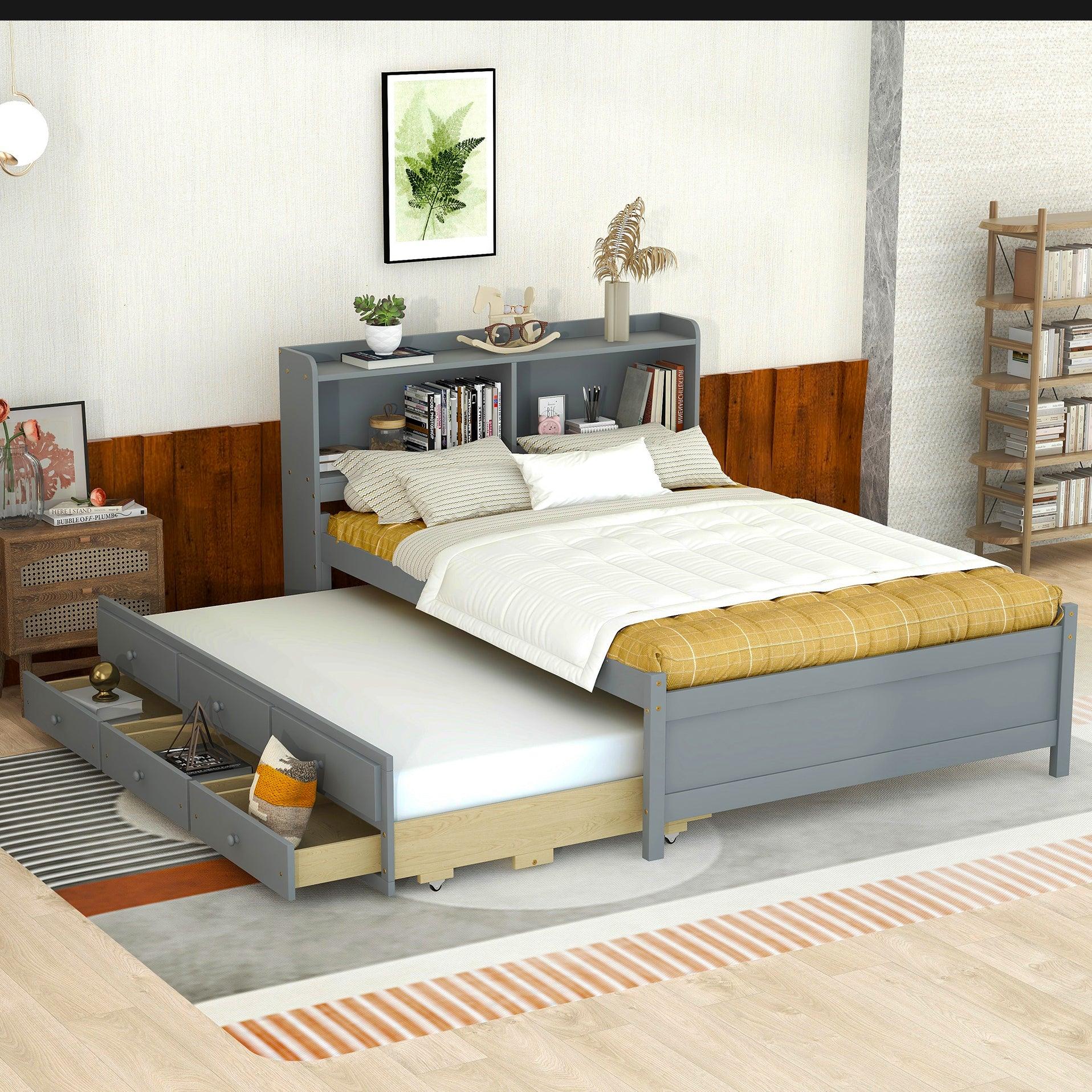 🆓🚛 Full Size Bed With Usb & Type-C Ports, Led Light, Bookcase Headboard, Trundle & 3 Storage Drawers, Gray