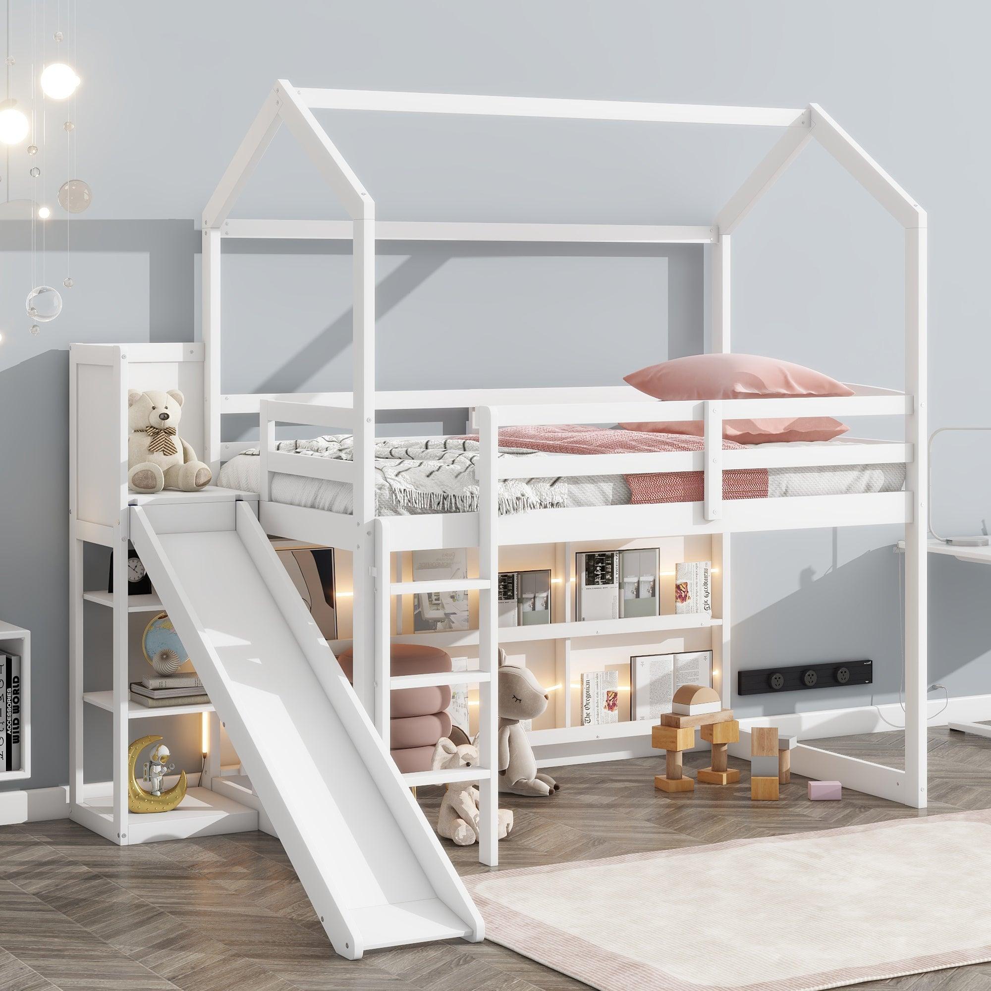 🆓🚛 Twin Size Wood House Loft Bed With Slide, Storage Shelves & Light, White