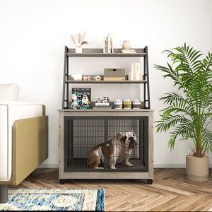 Furniture Style Dog Crate Side Table With Shelves, Equipped With Double Doors And A Raised Roof. Grey, 38.58 ''W X 25.5 ''D X 57 ''H