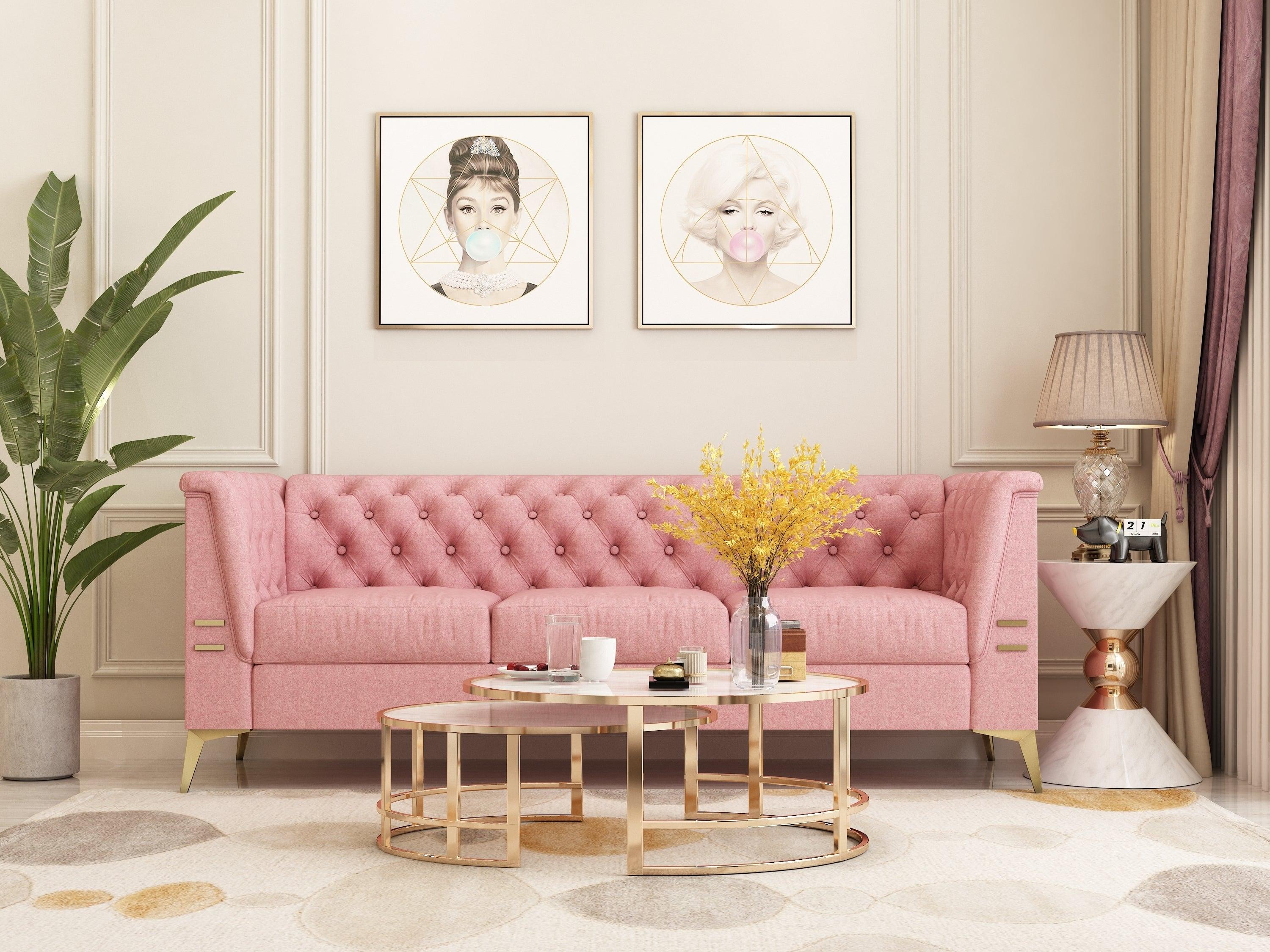 🆓🚛 82.7" 3 Seat Classic Chesterfield Pu Sofa With Metal Sofa Legs, Blending Style & Tradition, Pink