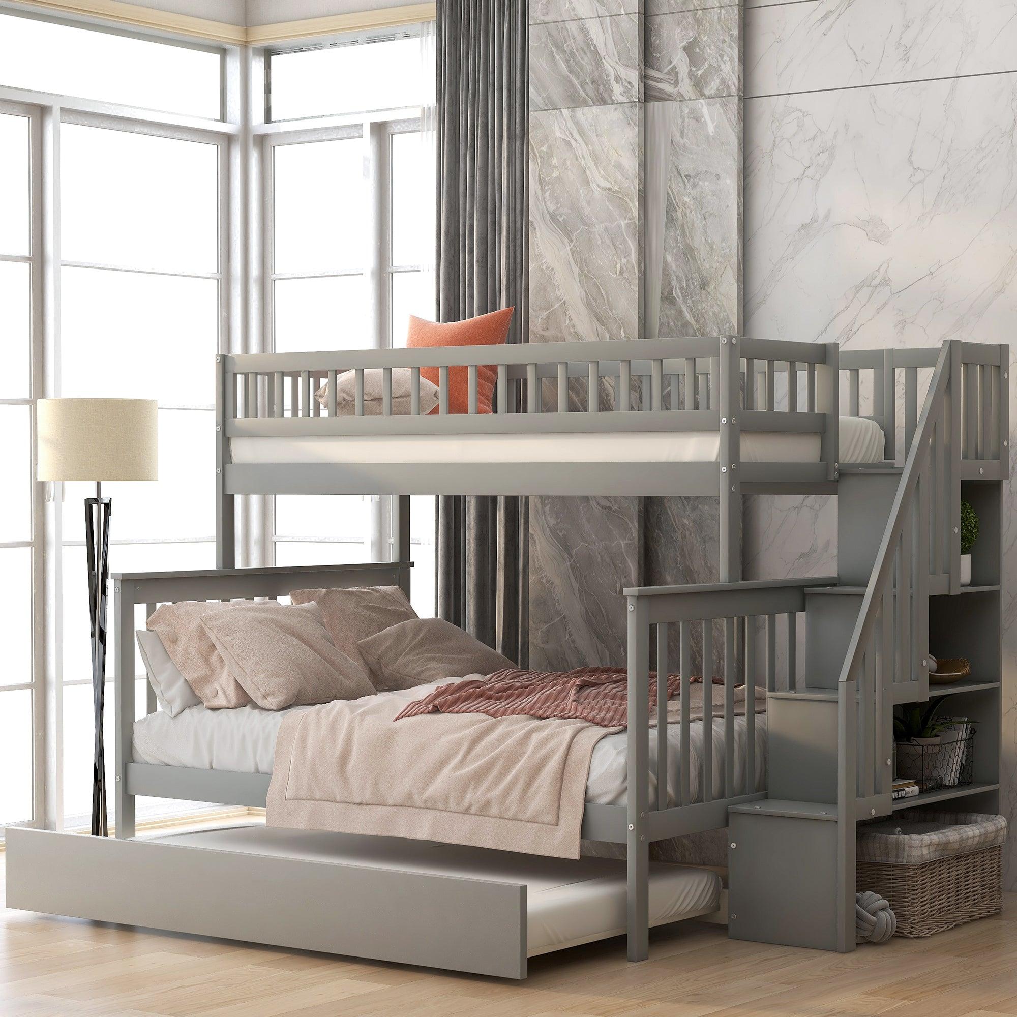 🆓🚛 Twin Over Full Bunk Bed With Trundle & Staircase, Gray