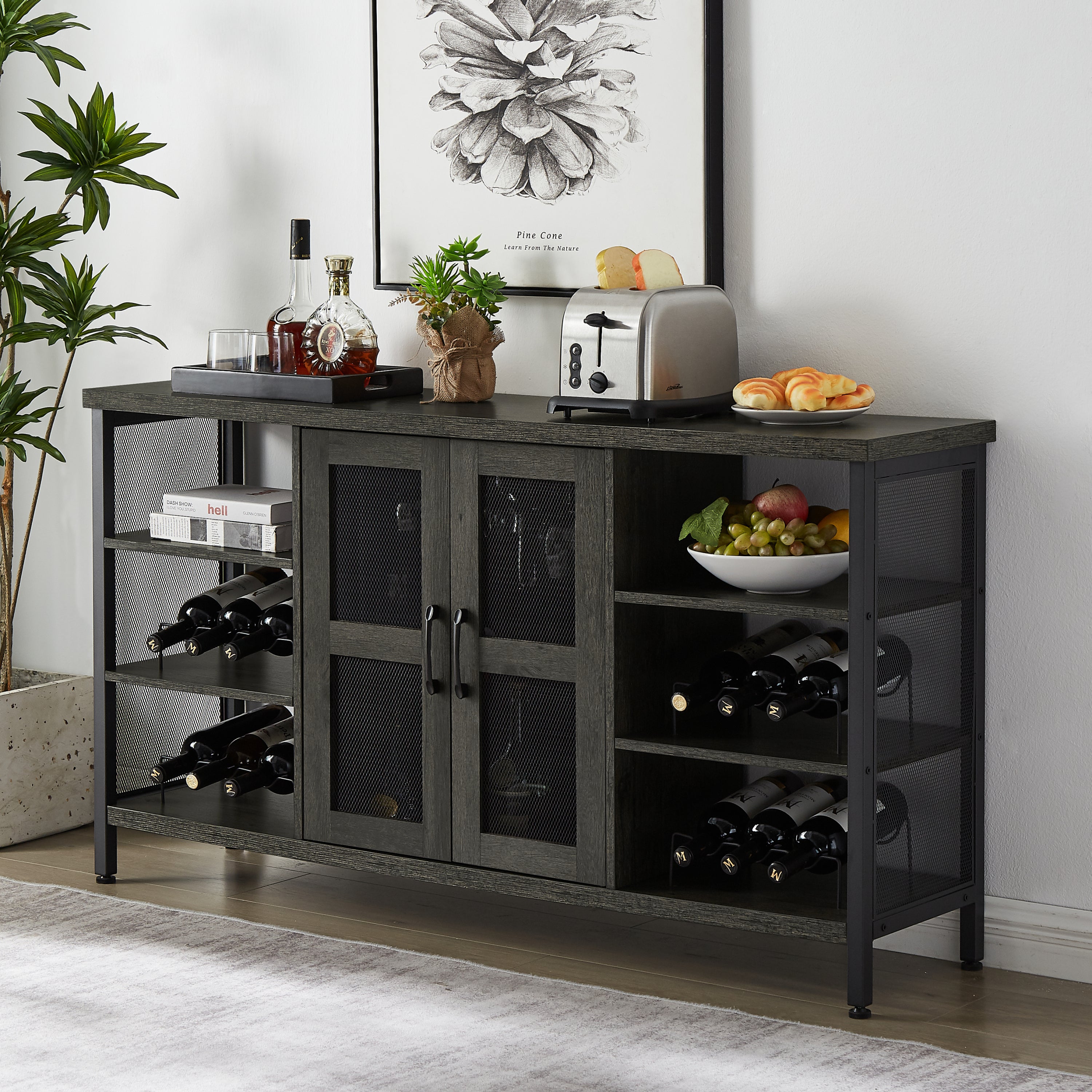 🆓🚛 Industrial Wine Bar Cabinet, Liquor Storage Credenza, Sideboard With Wine Racks & Stemware Holder, Dark Gray, 55.12"W X 13.78"D X 30.31"H