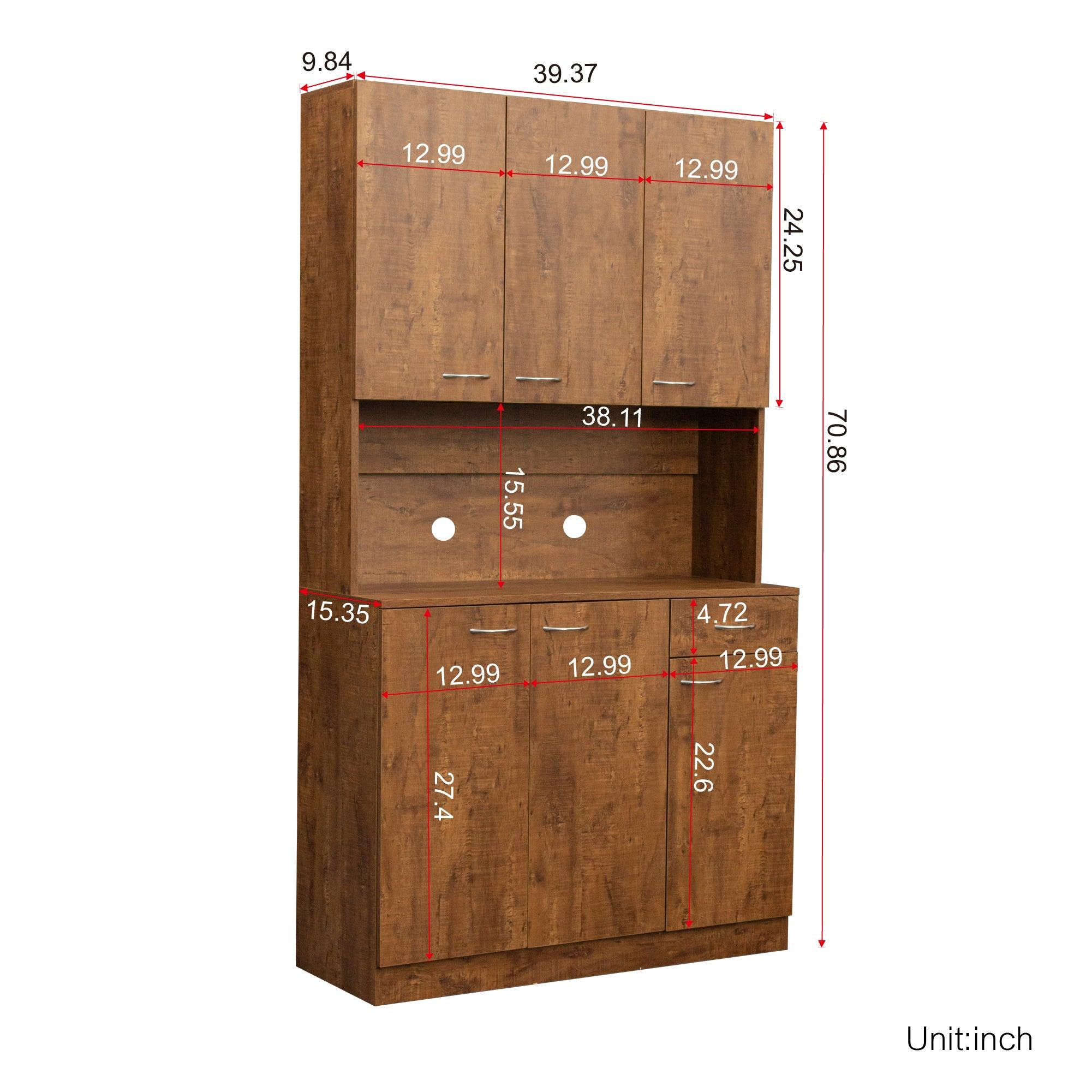 70.87" Tall Wardrobe& Kitchen Cabinet, With 6-Doors, 1-Open Shelves And 1-Drawer For Bedroom, Walnut