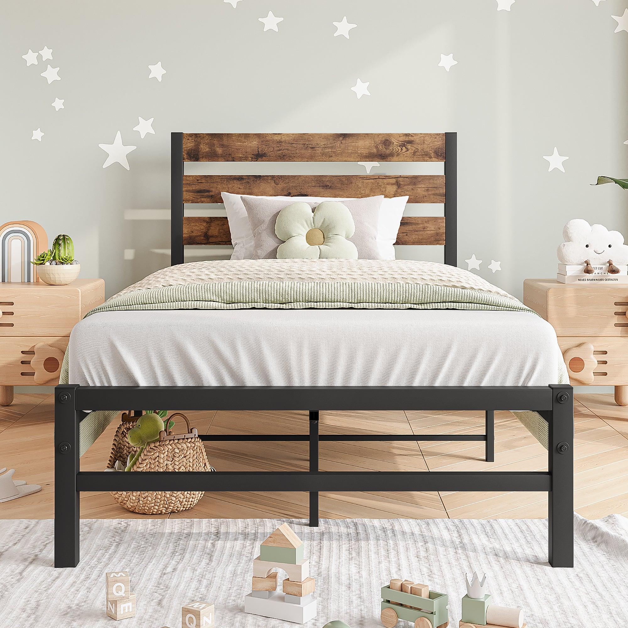 🆓🚛 Twin Size Platform Bed Frame With Rustic Vintage Wood Headboard, Strong Metal Slats Support Mattress Foundation, No Box Spring Needed Rustic Brown