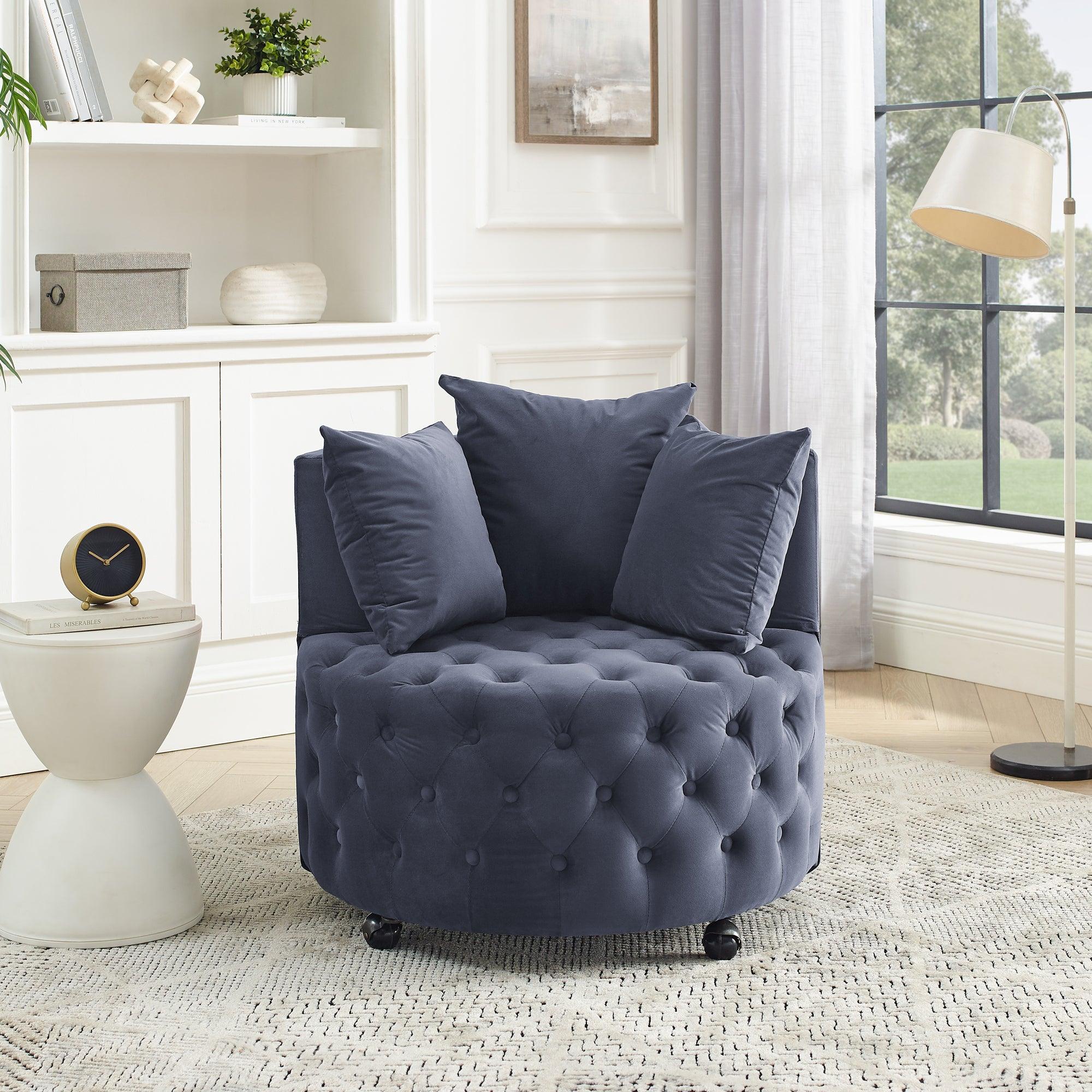 🆓🚛 Velvet Upholstered Swivel Chair for Living Room, With Button Tufted Design & Movable Wheels, Including 3 Pillows, Gray