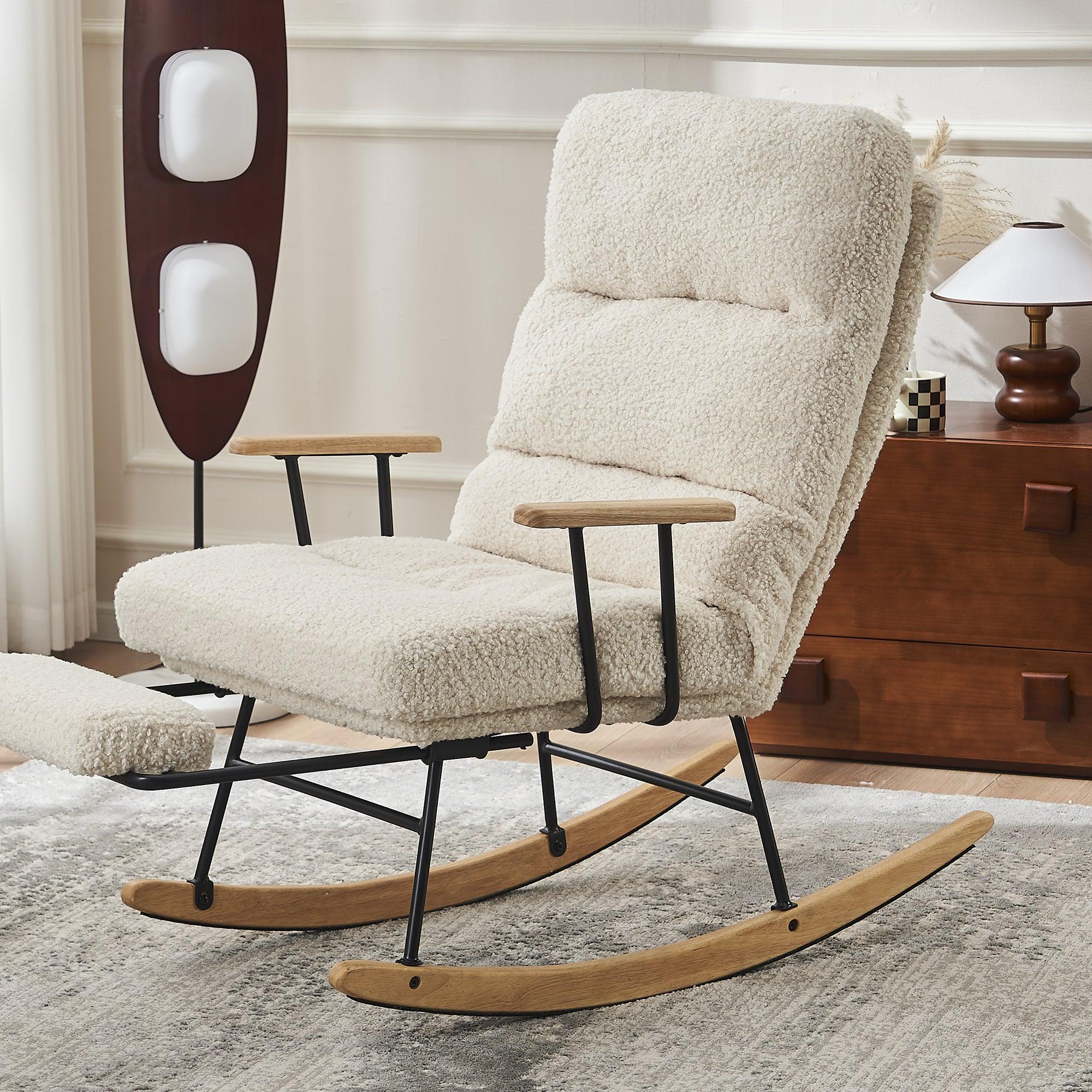 🆓🚛 Modern Teddy Gliding Rocking Chair With High Back, Retractable Footrest, & Adjustable Back Angle for Nursery, Living Room, & Bedroom, Beige