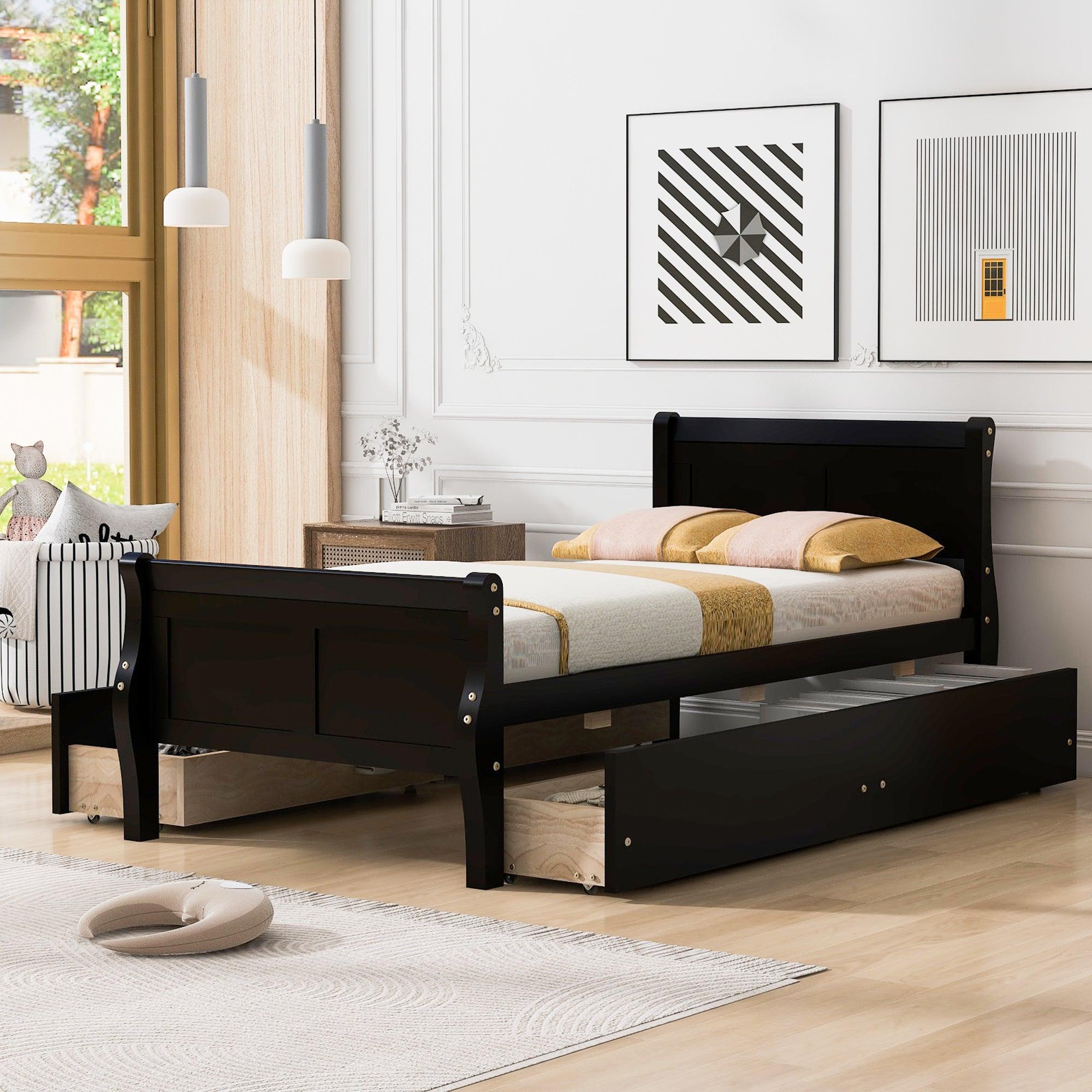 🆓🚛 Twin Size Wood Platform Bed With 4 Drawers & Streamlined Headboard & Footboard, Espresso