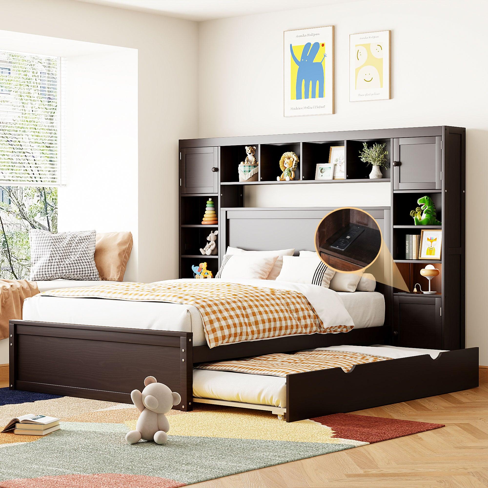 🆓🚛 Full Size Wooden Bed With All-in-One Cabinet, Shelf and Sockets, Espresso
