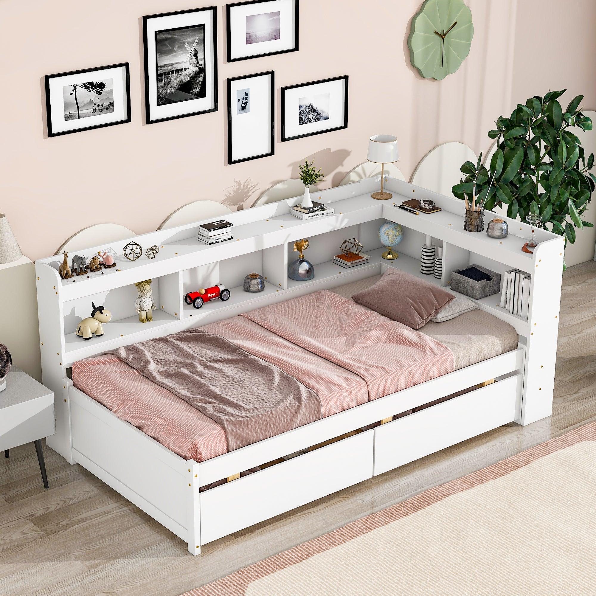 🆓🚛 Twin Bed With L-Shaped Bookcases, Drawers, White