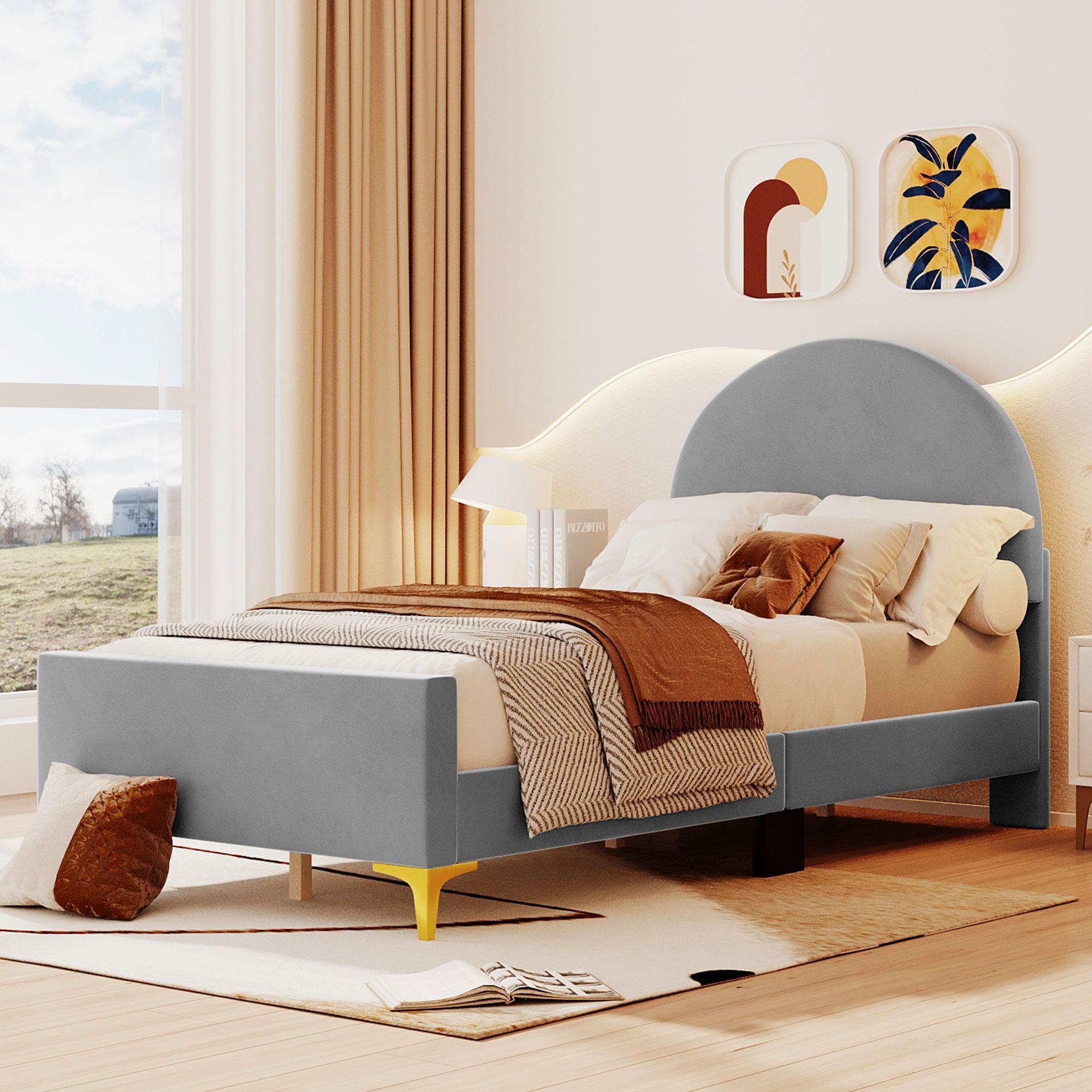 🆓🚛 Twin Size Upholstered Platform Bed With Classic Semi-Circle Shaped Headboard & Mental Legs, Velvet, Gray