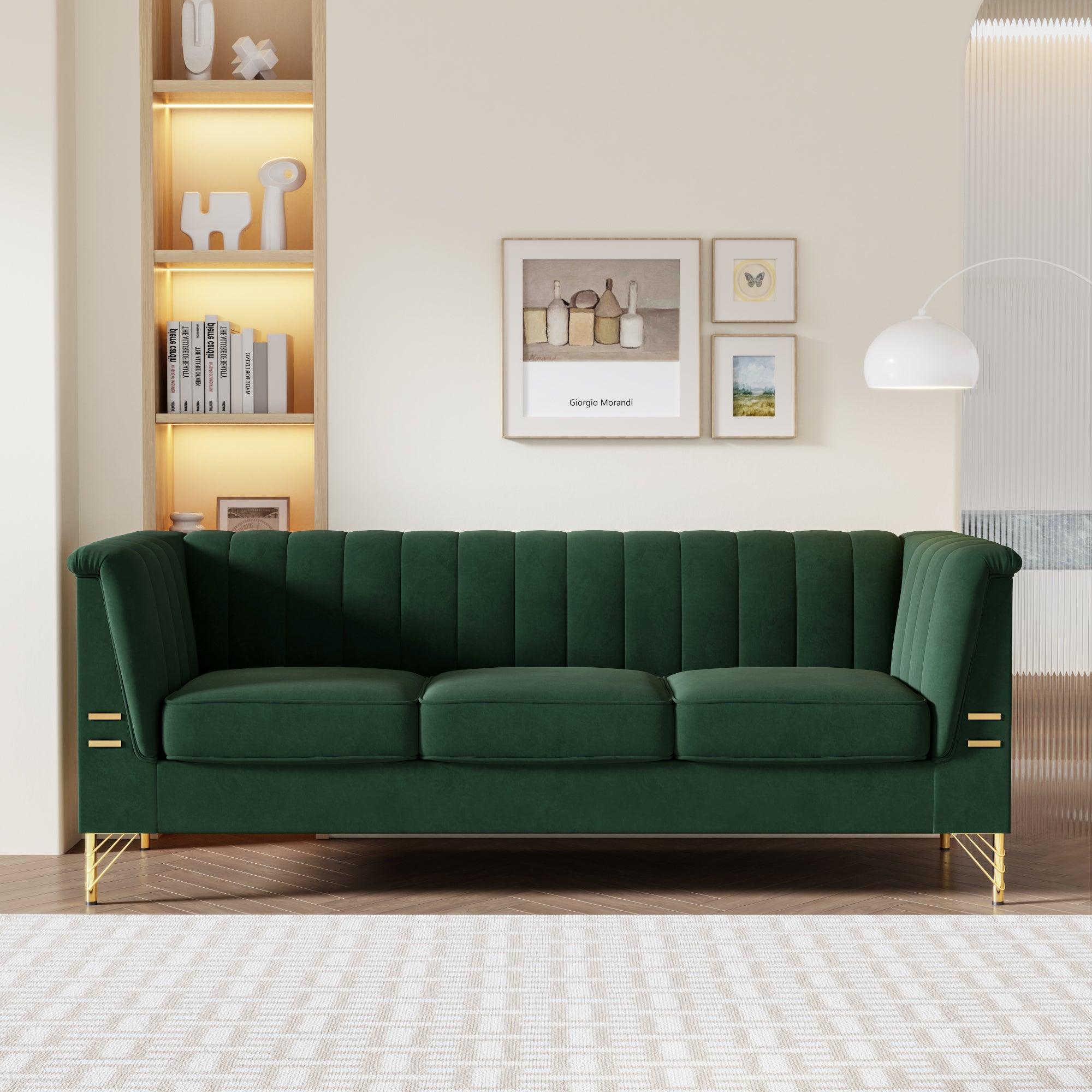 🆓🚛 82.67'' W Velvet Sofa, Mid-Century Sofa Furniture Chesterfield Couch for Living Room, Green