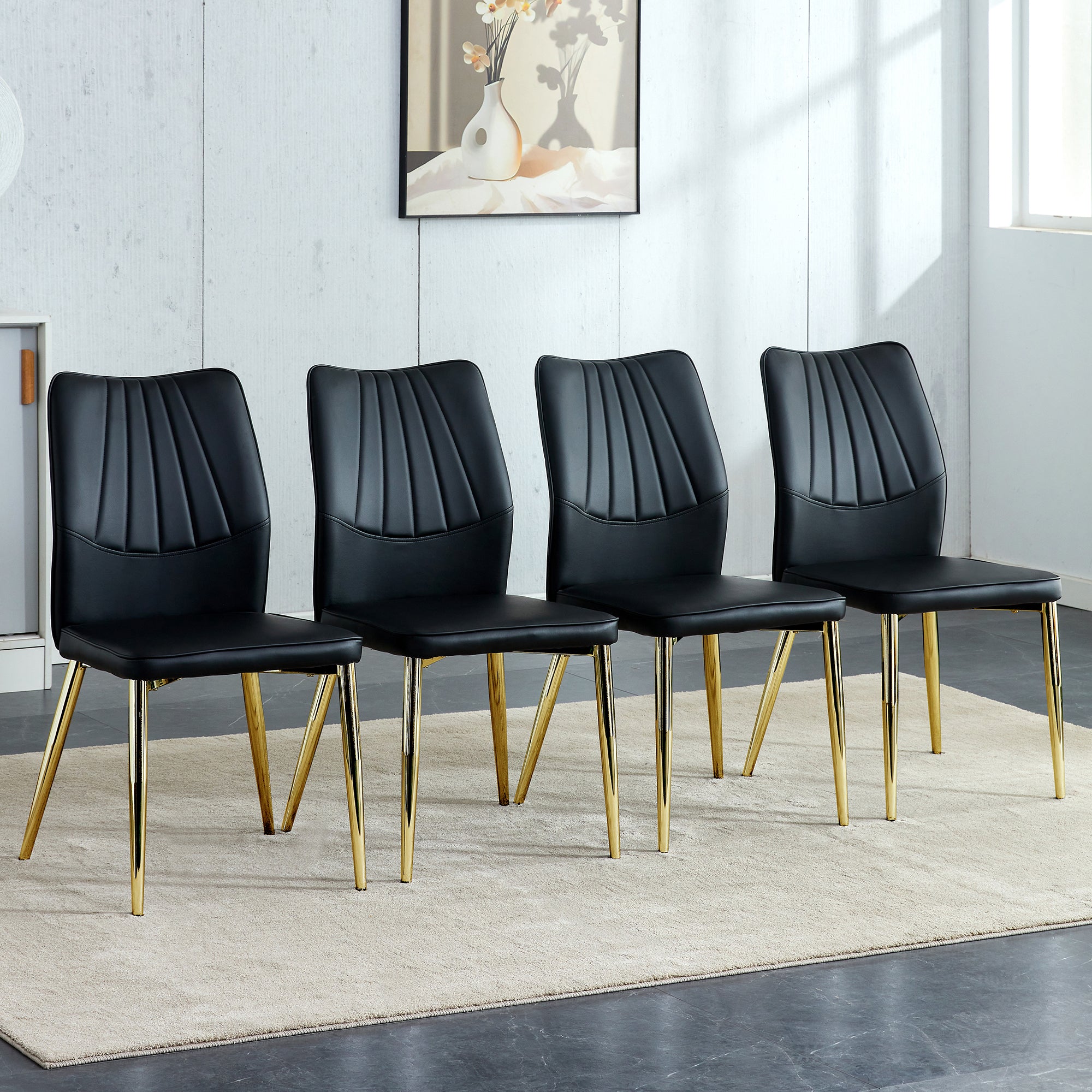 🆓🚛 4 Pu Dining Chairs With Soft Cushions, Golden Metal Legs, Suitable for Restaurants & Living Rooms, Black