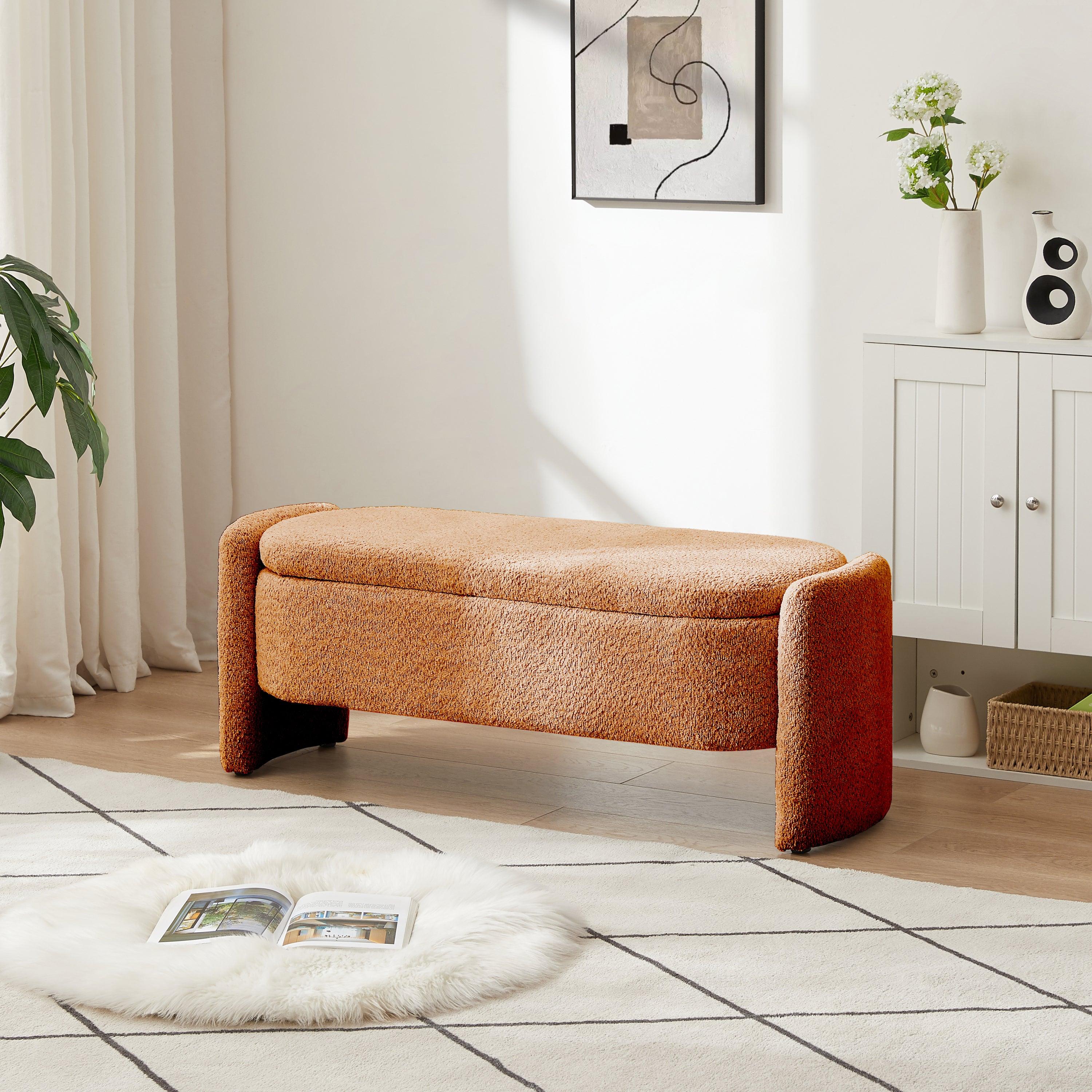 🆓🚛 Ottoman Oval Storage Bench 3D Lamb Fleece Fabric Bench With Large Storage Space for The Living Room, Entryway & Bedroom, Brown