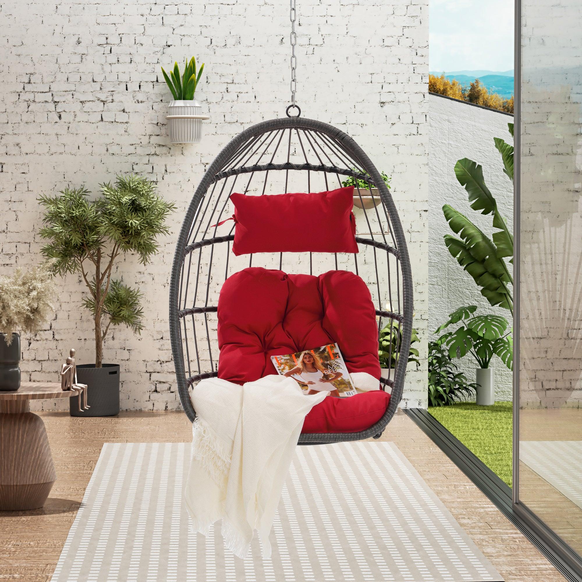🆓🚛 Outdoor Garden Rattan Egg Swing Chair Hanging Chair, Red