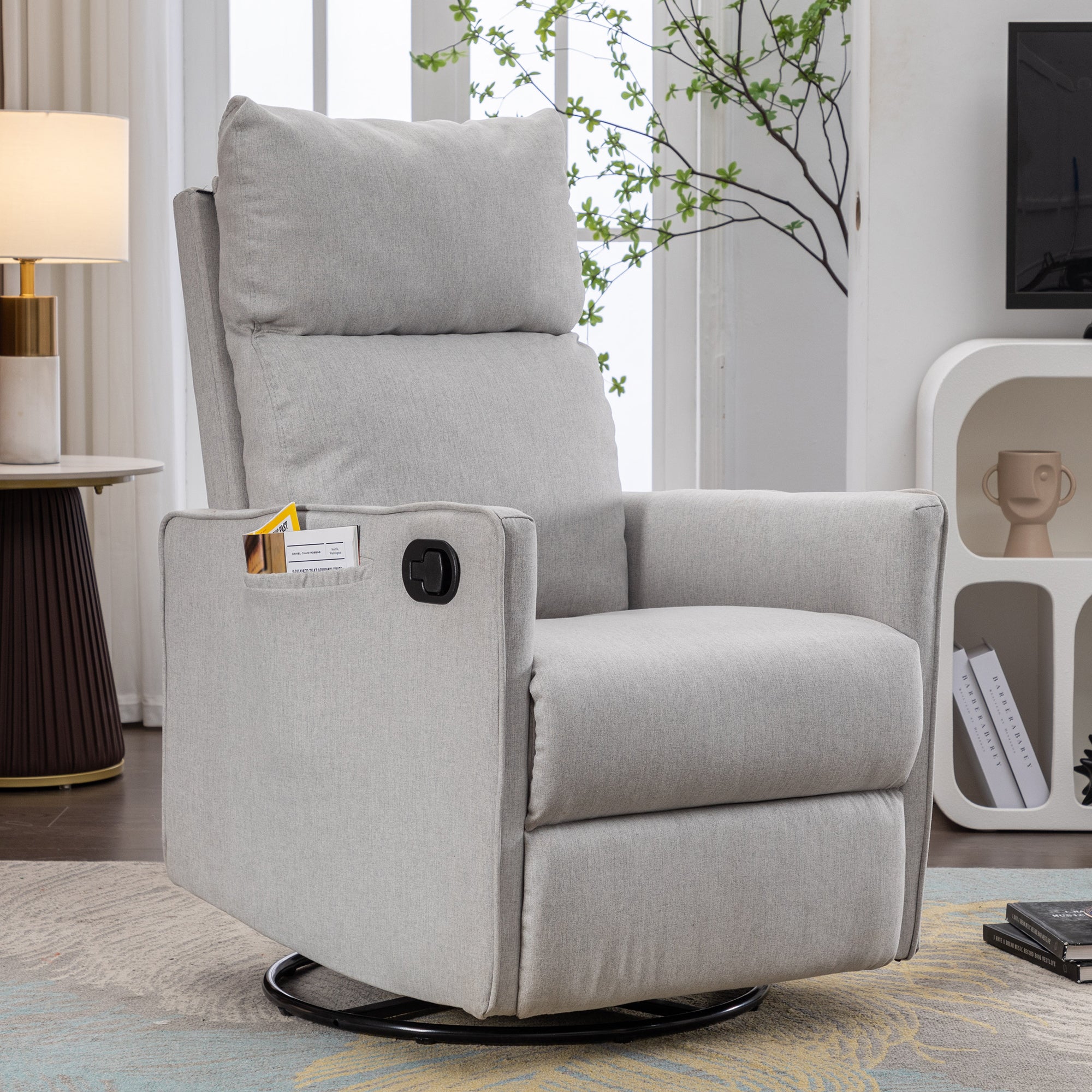 🆓🚛 Cotton Linen Fabric Swivel Rocking Chair Glider Rocker Recliner Nursery Chair With Adjustable Back and Footrest for Living Room Indoor, Light Gray