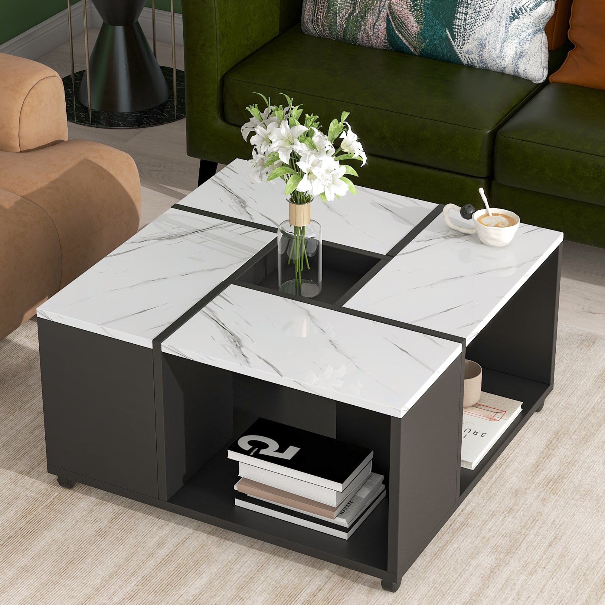 🆓🚛 Modern 2-Layer Coffee Table With Casters, Square Cocktail Table With Removable Tray, UV High-Gloss Marble Design Center Table for Living Room, 31.4''X 31.4'', White & Black