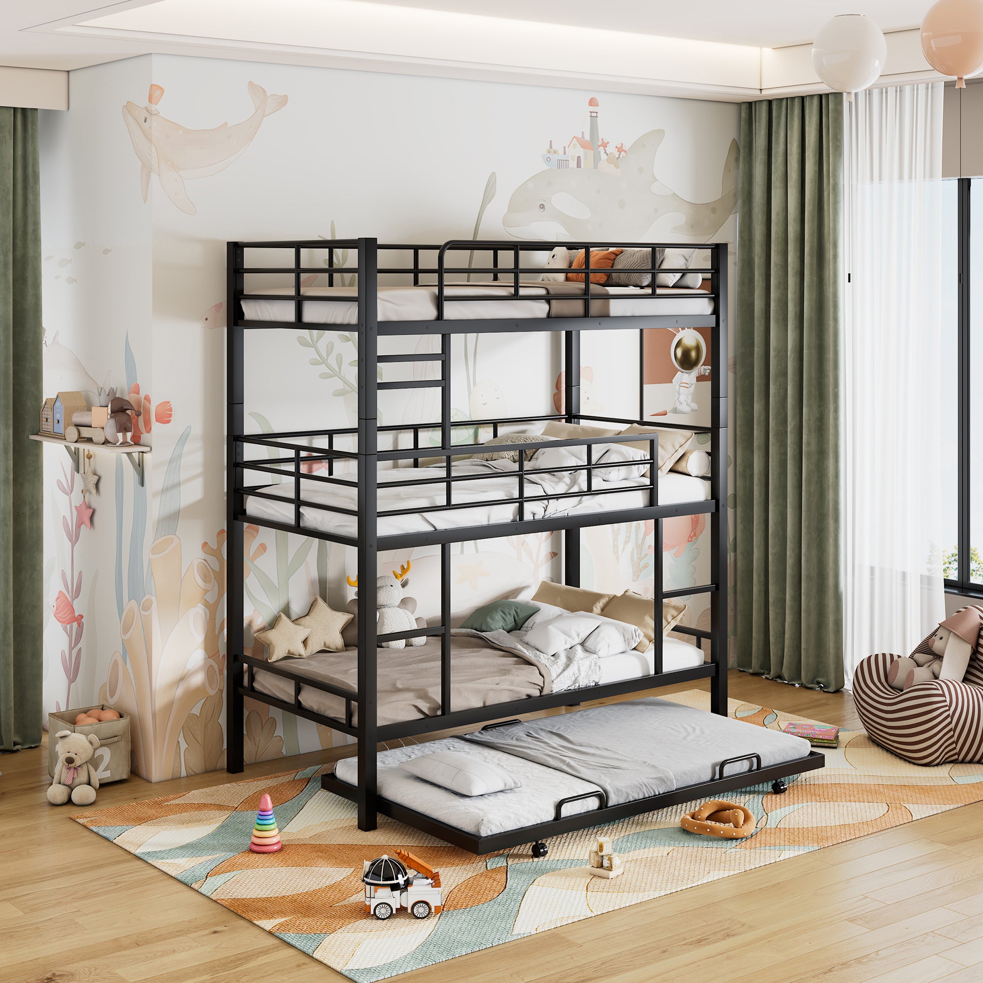 🆓🚛 Metal Twin Size Triple Bunk Bed With Trundle, Black