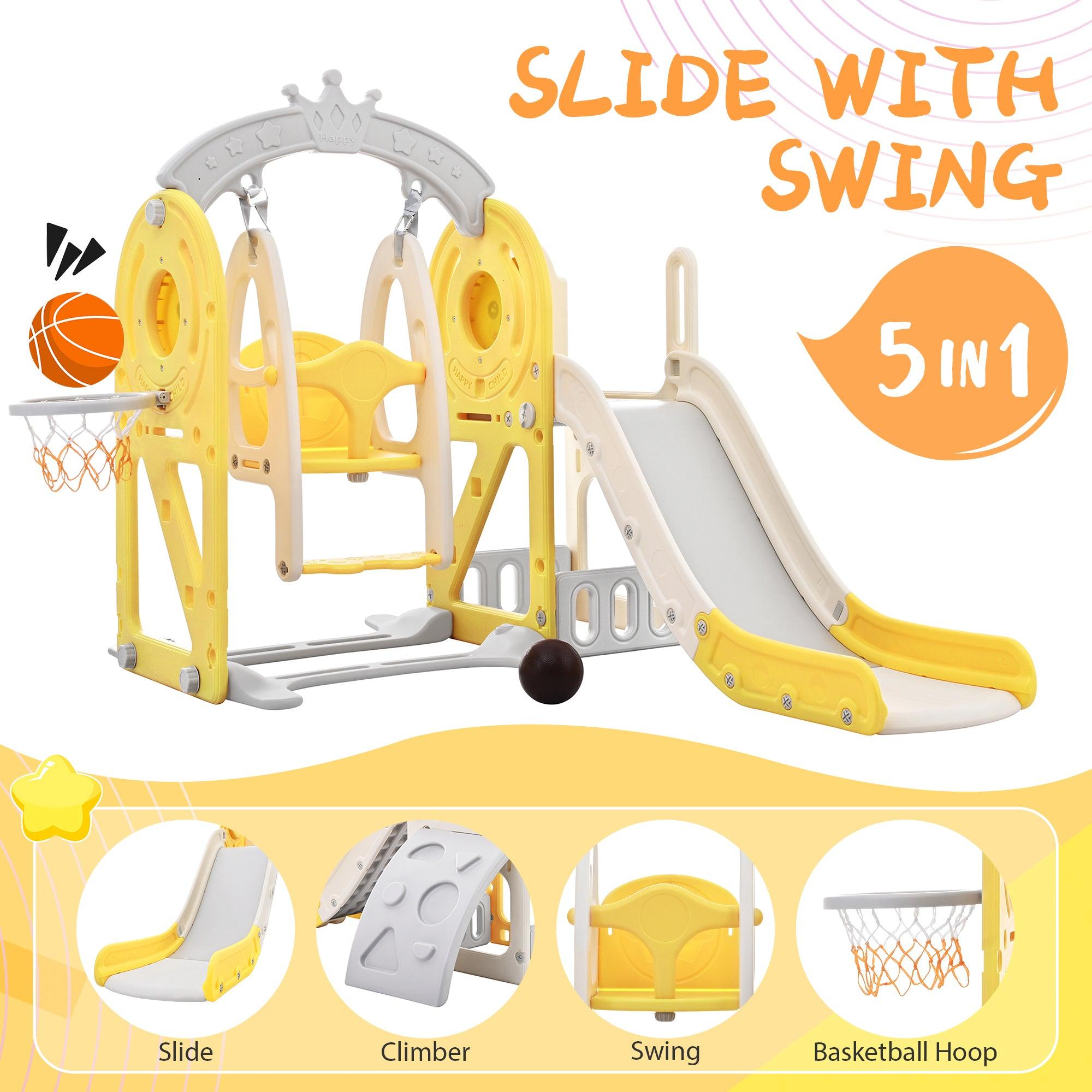 🆓🚛 Toddler Slide & Swing Set 5 in 1, Kids Playground Climber Slide Playset With Basketball Hoop Freestanding Combination for Babies Indoor & Outdoor, Yellow & Gray