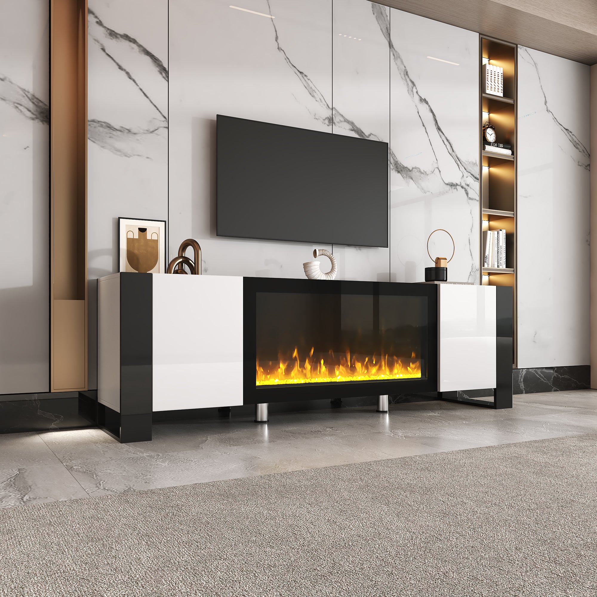 🆓🚛 Modern TV Stand With 34.2" Non-Heating Electric Fireplace, High Gloss Entertainment Center With 2 Cabinets, Media Console for TV'S Up To 78", White