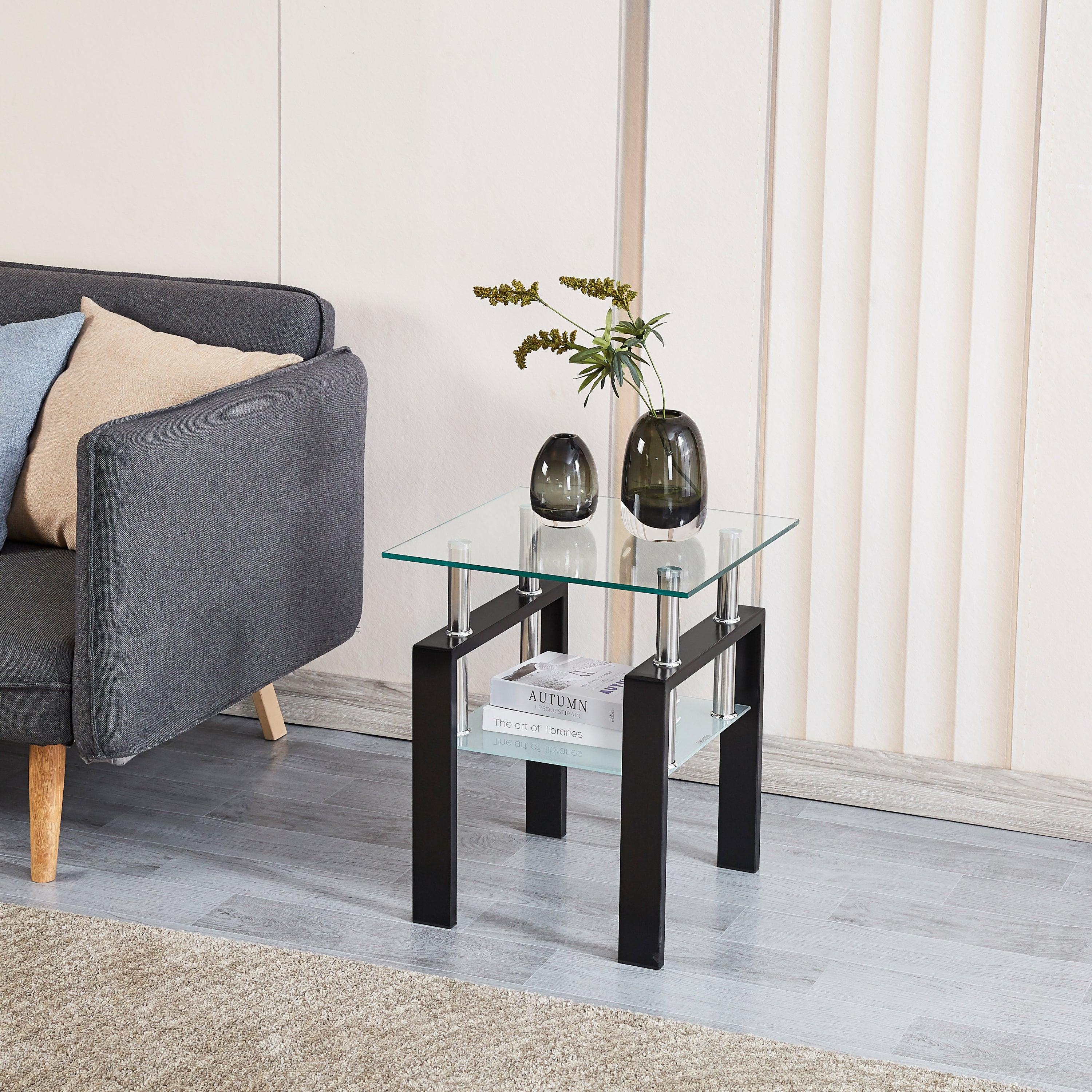 🆓🚛 Tempered Transparent Glass End Table, 2-Layers Small Table With Storage, Living Room Side Table