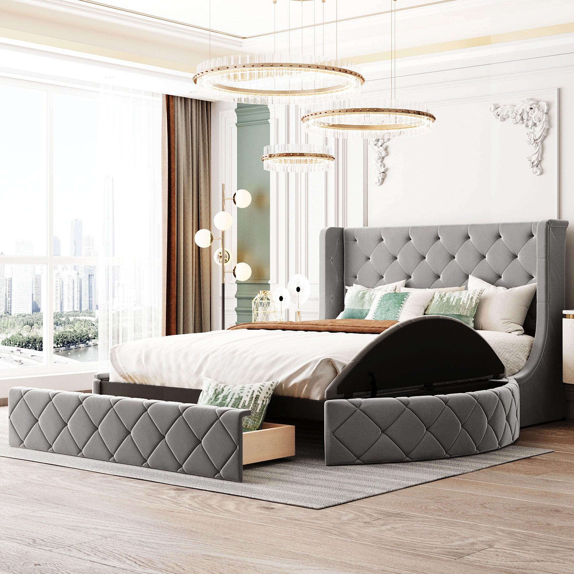 🆓🚛 Upholstered Platform Bed Queen Size Storage Velvet Bed With Wingback Headboard and 1 Big Drawer, 2 Side Storage Stool(Gray)