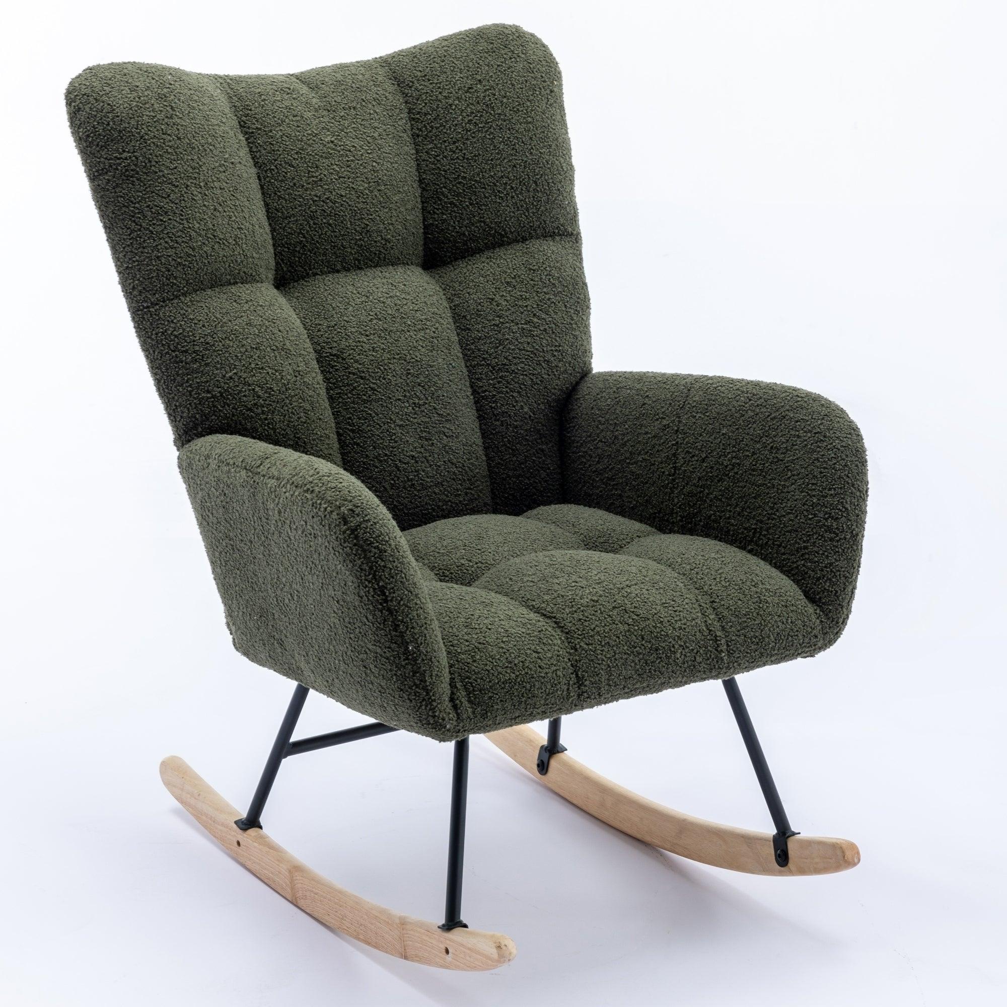 🆓🚛 Rocking Chair, Soft Teddy Velvet Fabric Rocking Chair for Nursery, Comfy Wingback Glider Rocker With Safe Solid Wood Base for Living Room Bedroom Balcony (Dark Green)