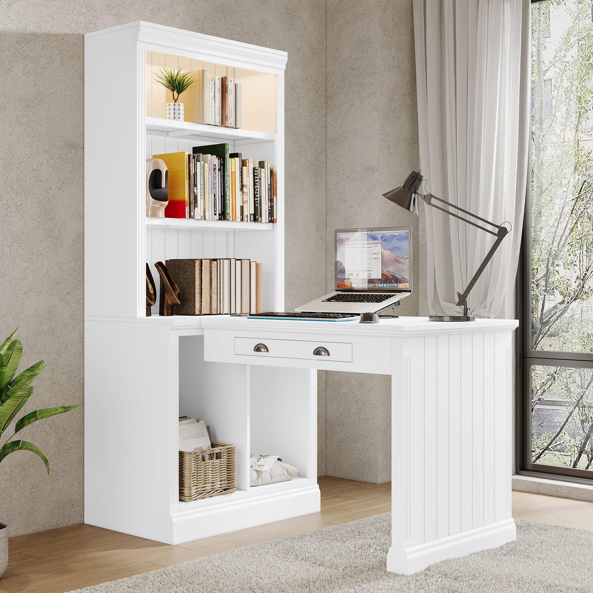 🆓🚛 83.4" Tall Modern Bookcase With Study Desk, Open Shelves & Led Lighting, for Living Room, Home & Office, White