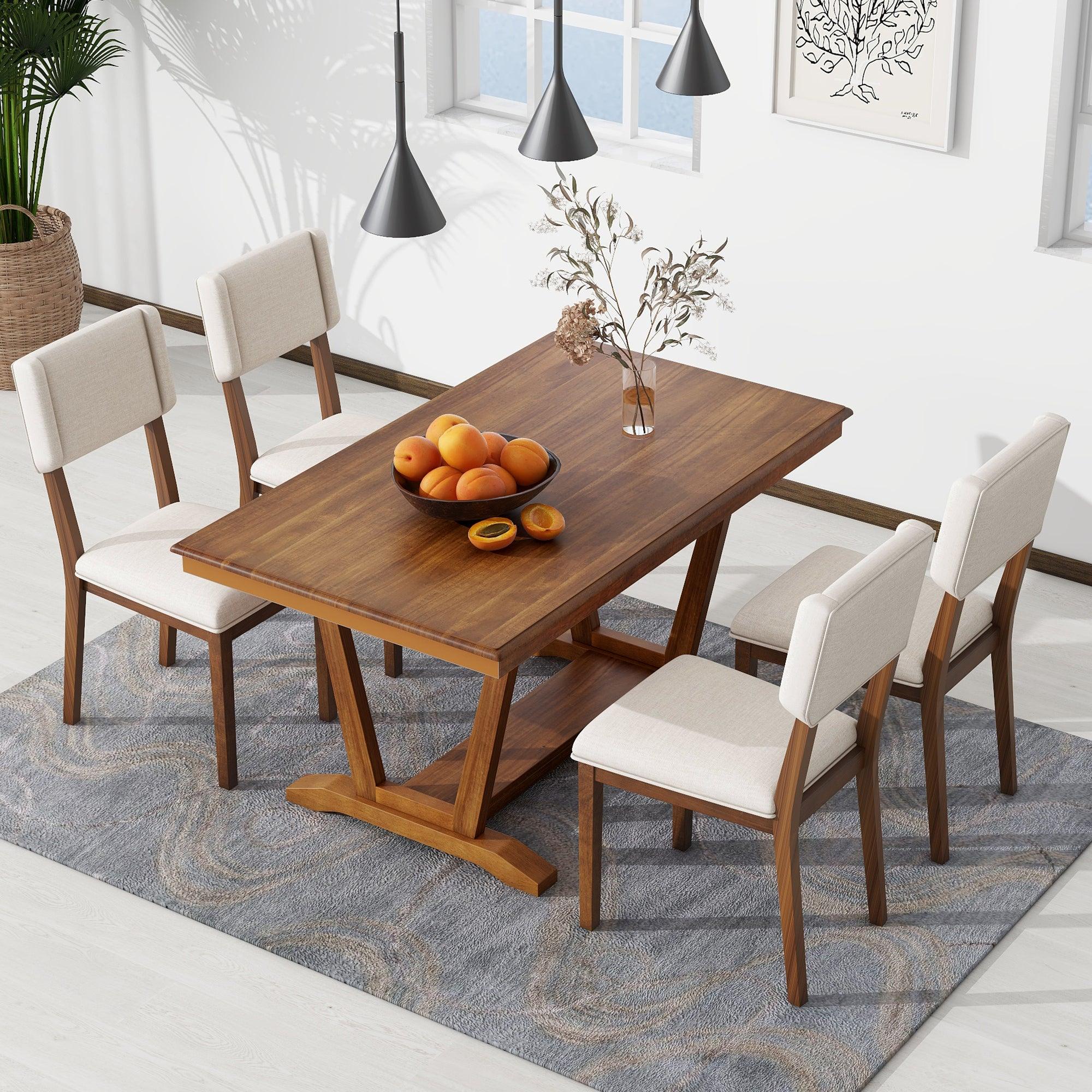 🆓🚛 Rustic 5-Piece Dining Table Set With 4 Upholstered Chairs, 59-Inch Rectangular Dining Table With Trestle Table Base, Walnut