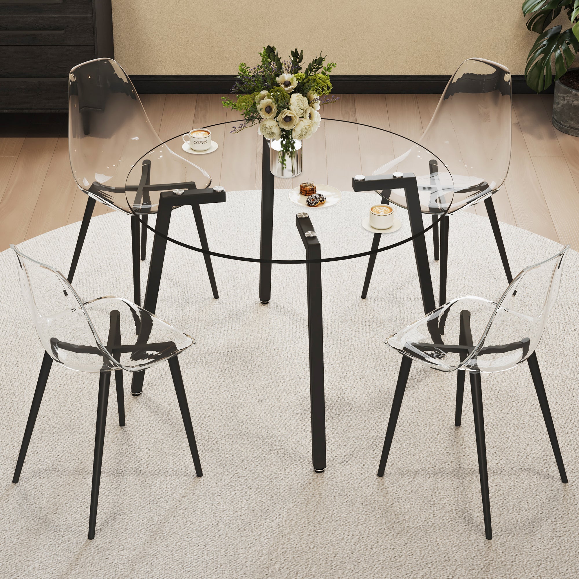 🆓🚛 Modern Simple Style Round Transparent Tempered Glass Table, Black Metal Legs, 4-Piece Set of Modern Minimalist Transparent Dining Chairs, Black Metal Legs