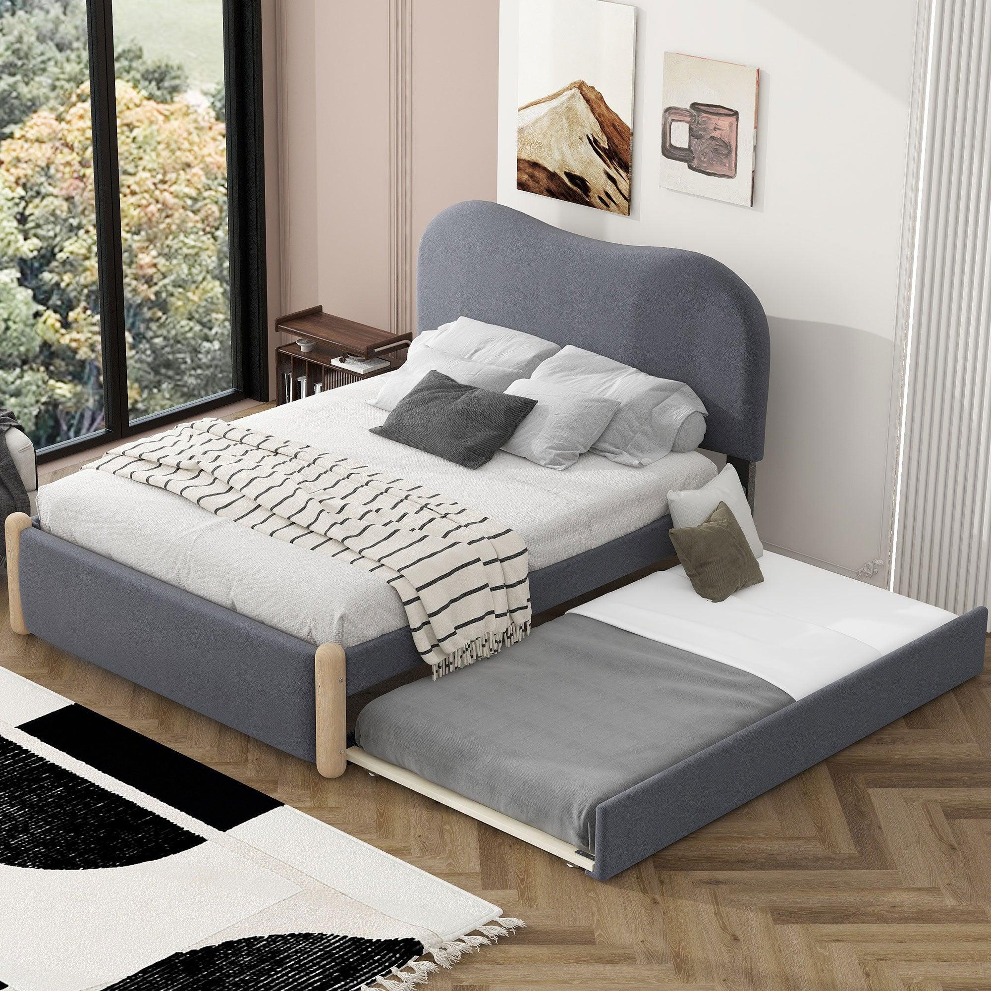 🆓🚛 Full Size Upholstered Platform Bed With Wood Supporting Feet & Twin Size Trundle, Gray