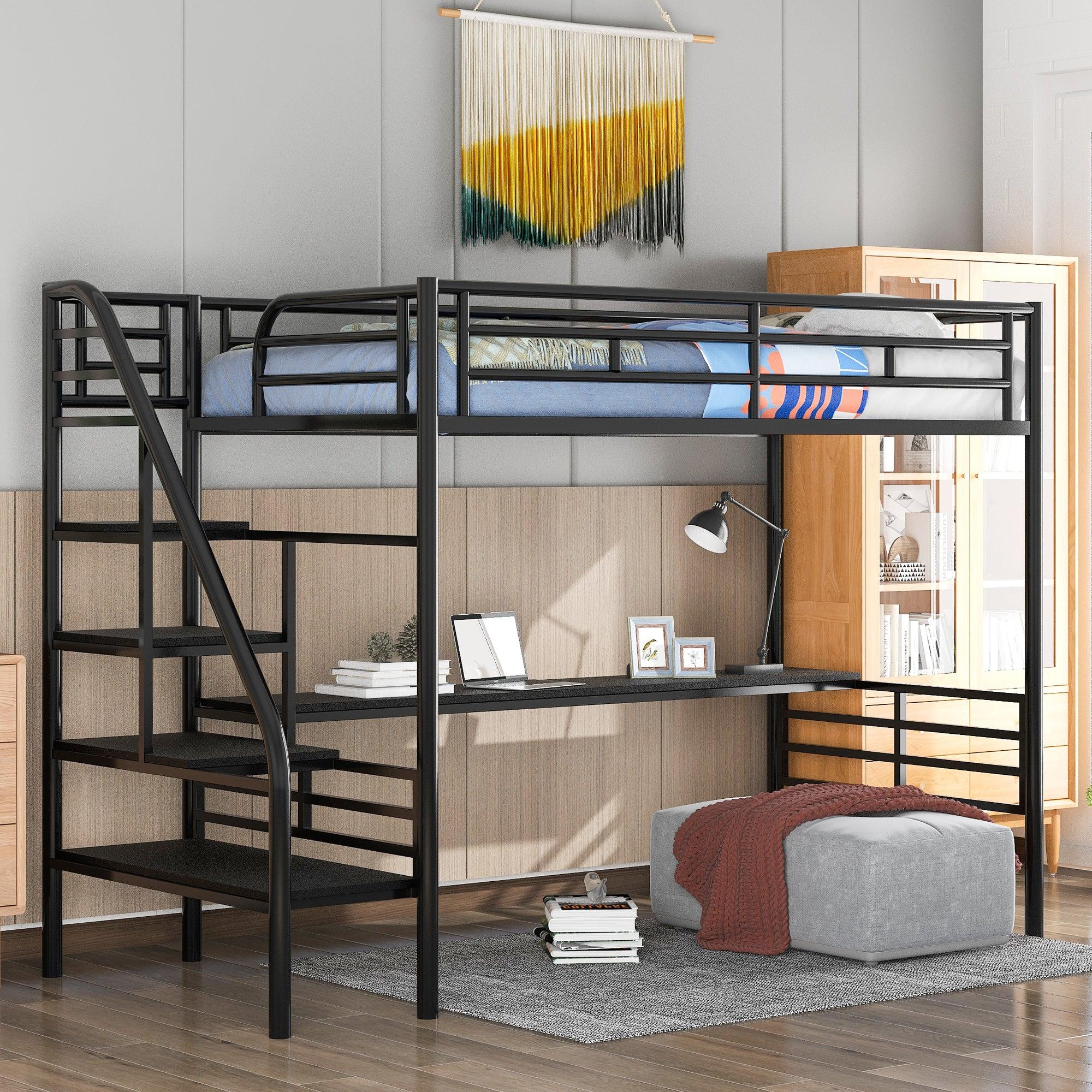 🆓🚛 Metal Loft Bed Frame With Desk, No Box Spring Needed, Twin, Black