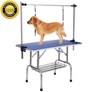 Folding Pet Grooming Table Stainless Legs and Arms Black Rubber Top Storage Basket