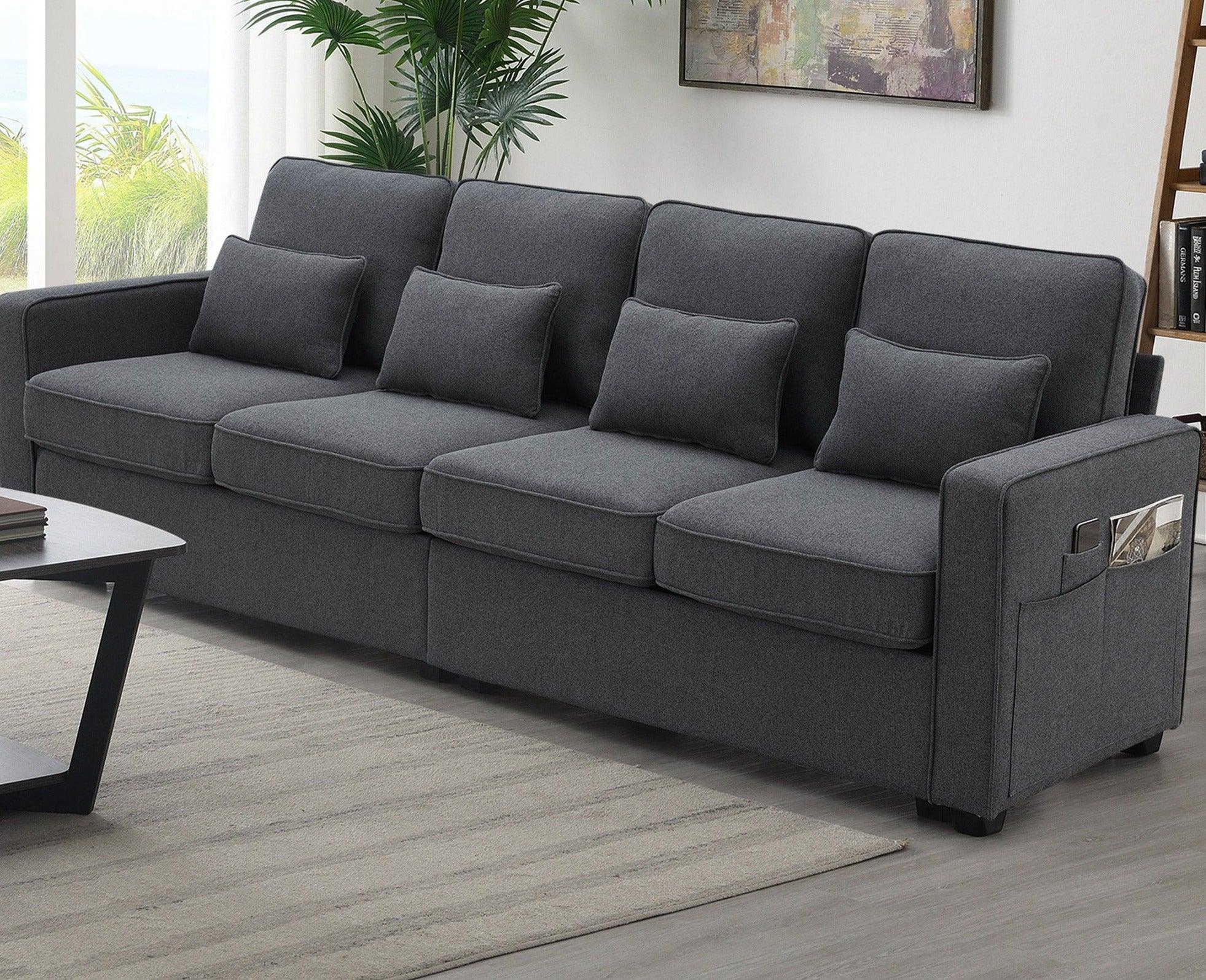 🆓🚛 Lexpin 104" 4-Seater Modern Linen Fabric Sofa With Armrest Pockets & 4 Pillows - Dark Gray