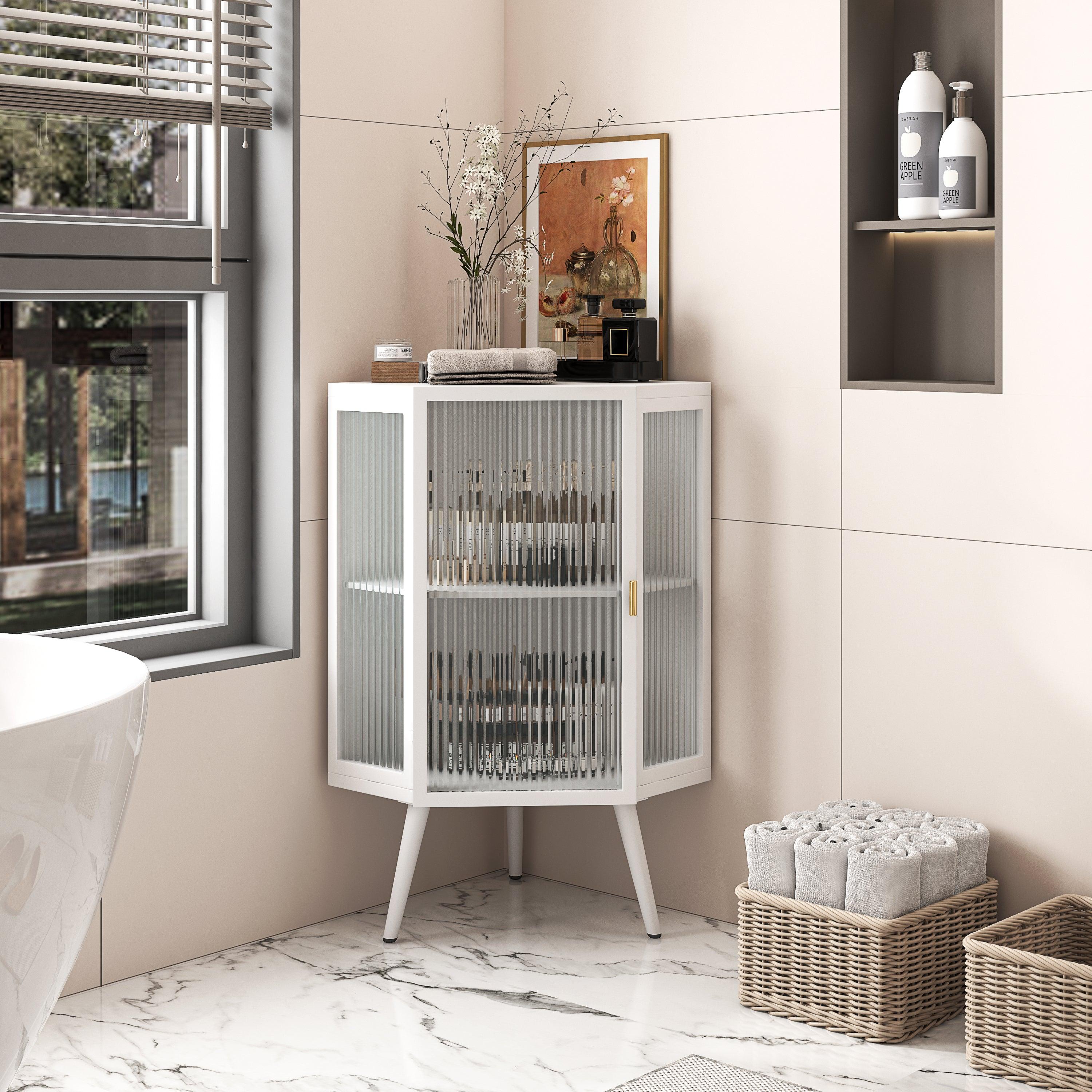 🆓🚛 22.25 " Floor Corner Cabinet With Tempered Glass Door & Storage Shelves, White