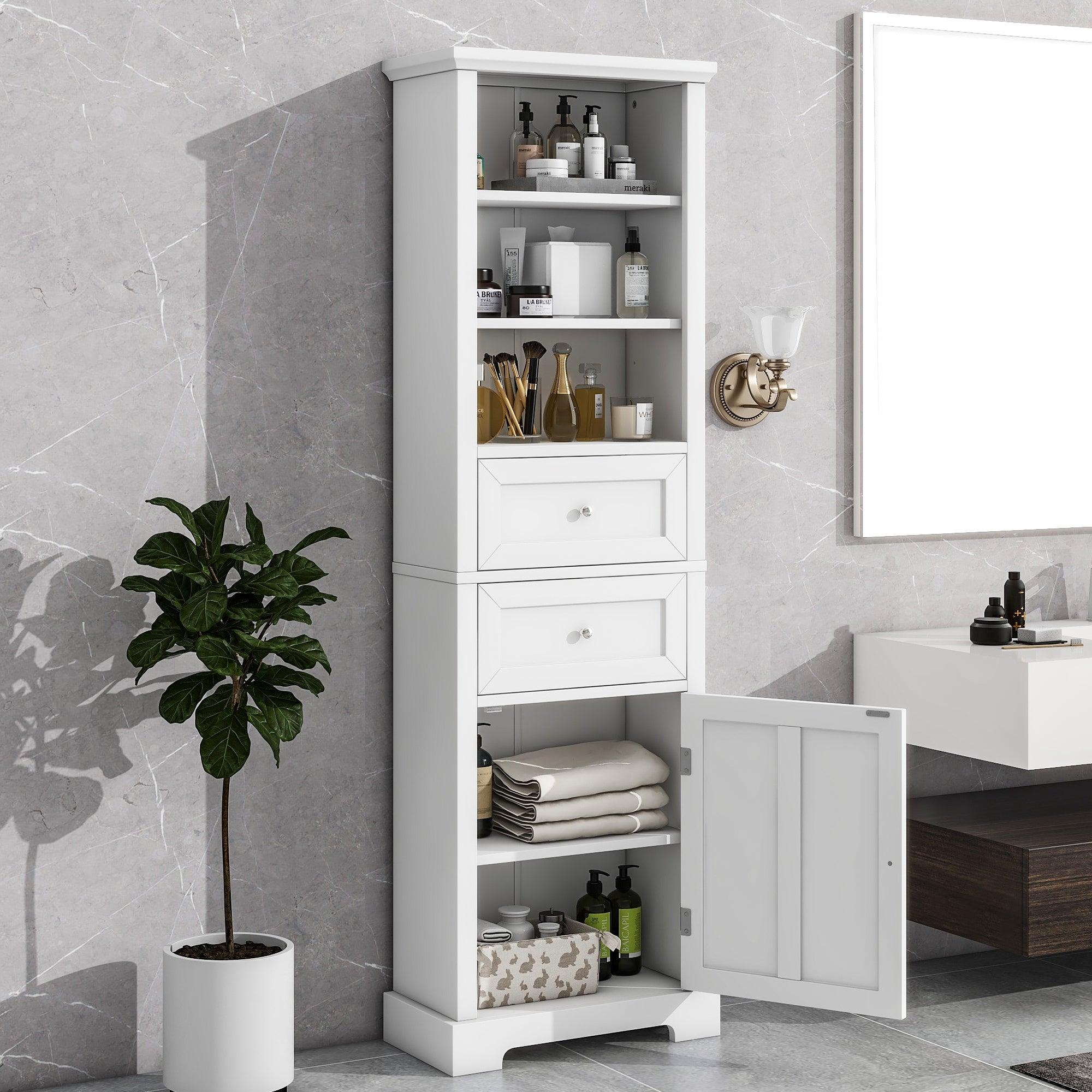 🆓🚛 Tall Bathroom Storage Cabinet, Cabinet With One Door & Two Drawers, Freestanding Storage Adjustable Shelf, White