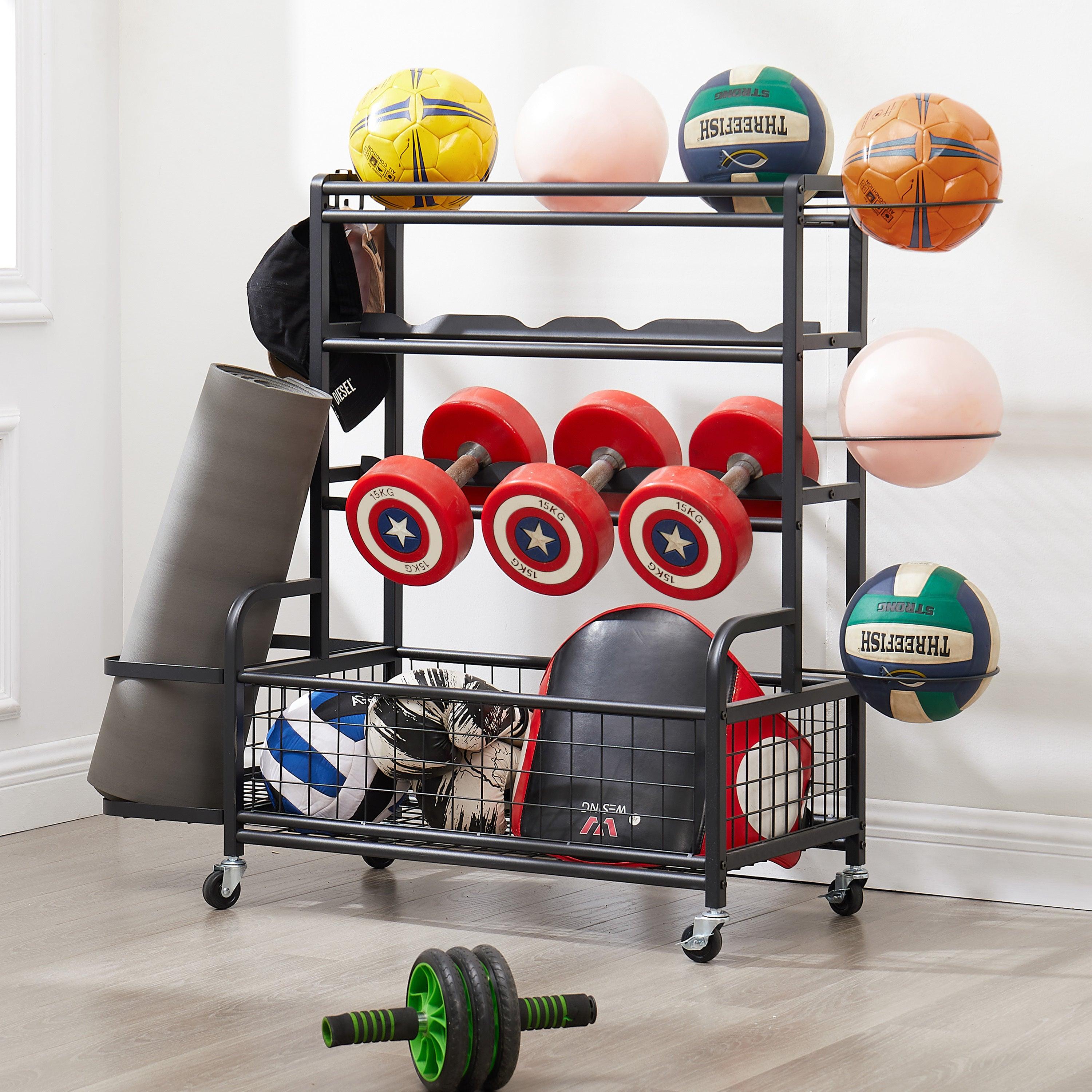 🆓🚛 4-Tier Metal Storage Organizer With Rolling Wheels for Basketball Sports Equipment Organizer for Yoga Mat Larger Ball Storage Rack With Baskets and Hooks, Indoor Or Outdoor for Tennis Racket, Football