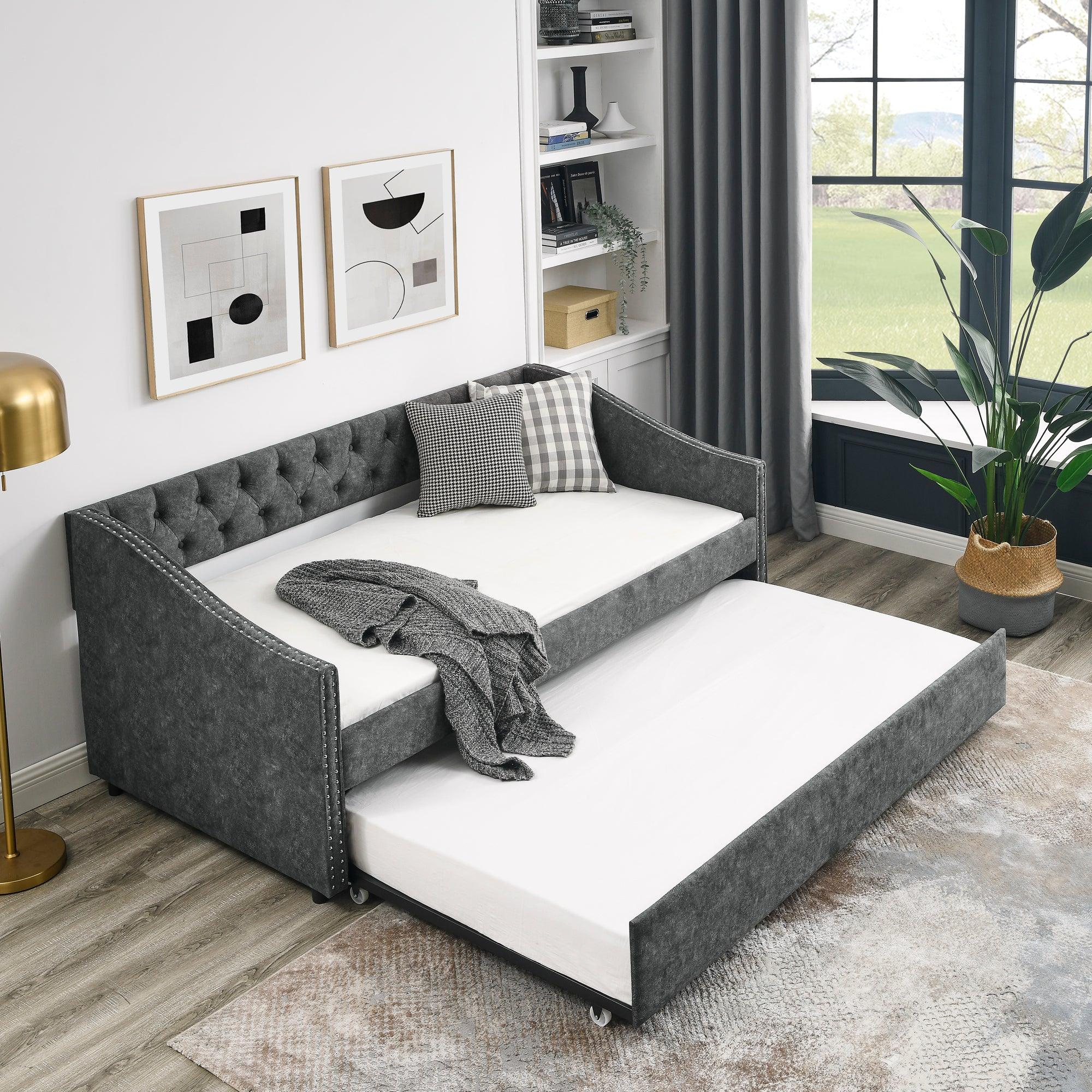 🆓🚛 Twin Size Daybed With Twin Size Trundle Upholstered Tufted Sofa Bed, With Button On Back & Copper Nail On Waved Shape Arms, Gray (80.5" X41" X30.5" )