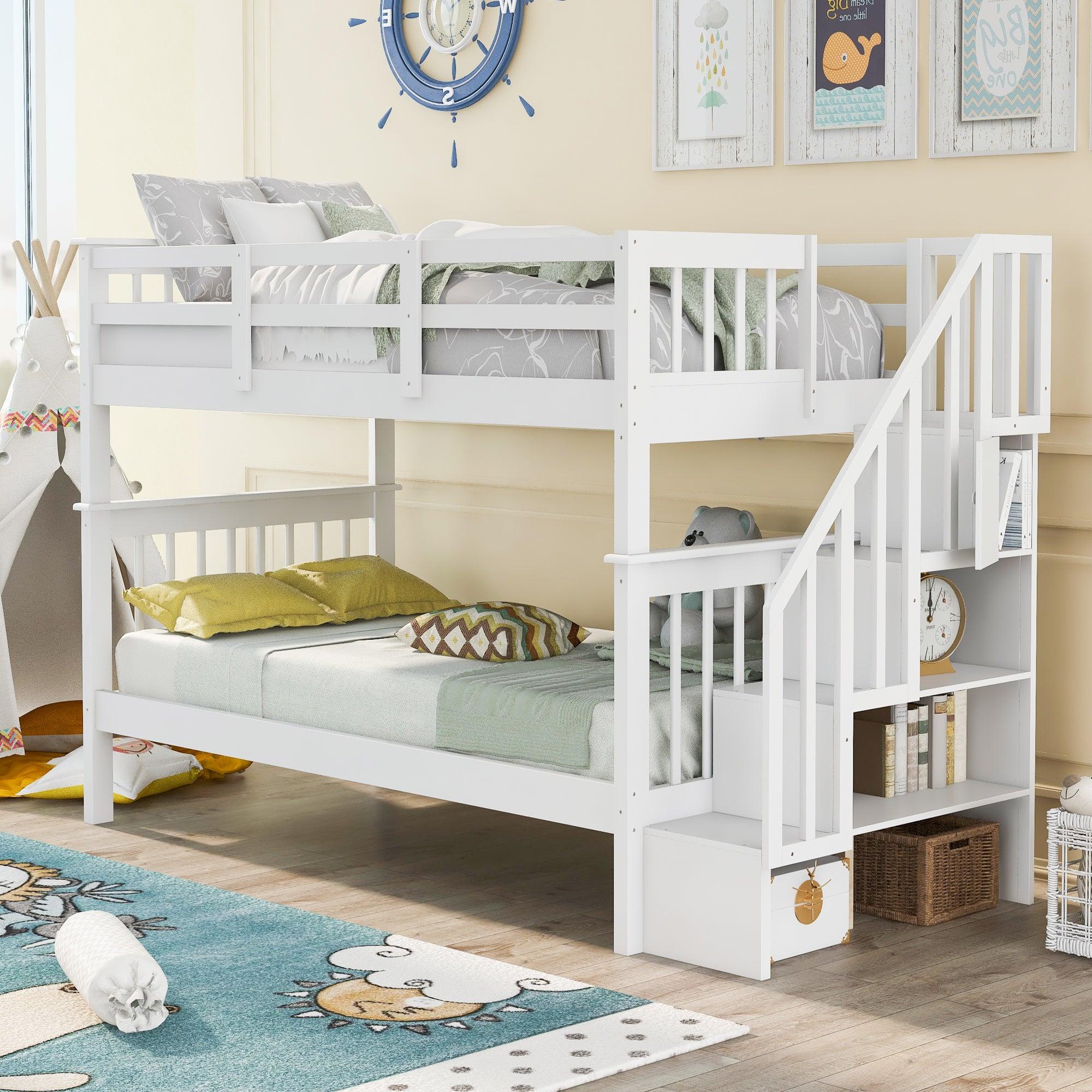 🆓🚛 Stairway Twin-Over-Twin Bunk Bed With Storage & Guard Rail for Bedroom, Dorm, White Color