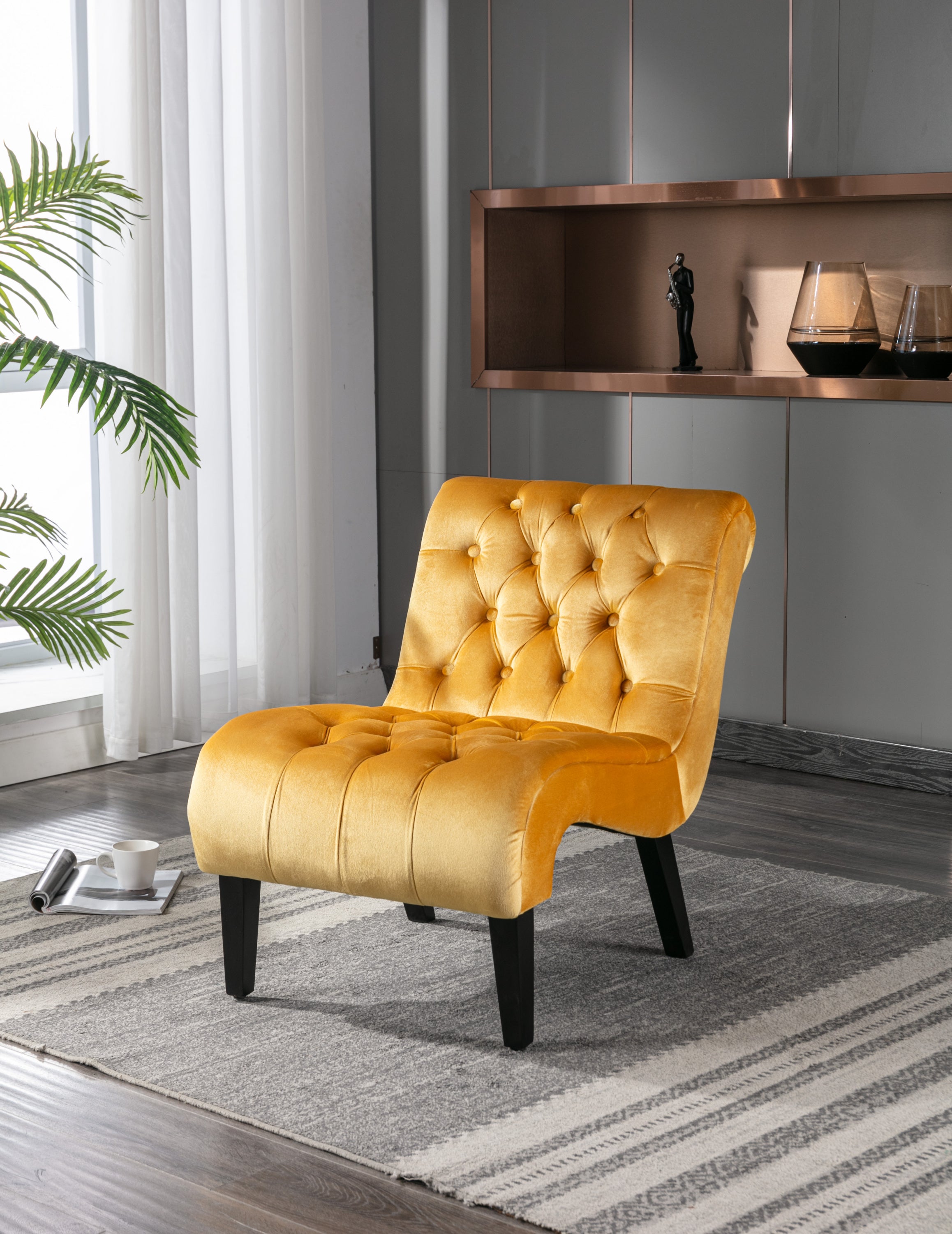 🆓🚛 Armless Living Room Chair with Curved Backrest, Mustard