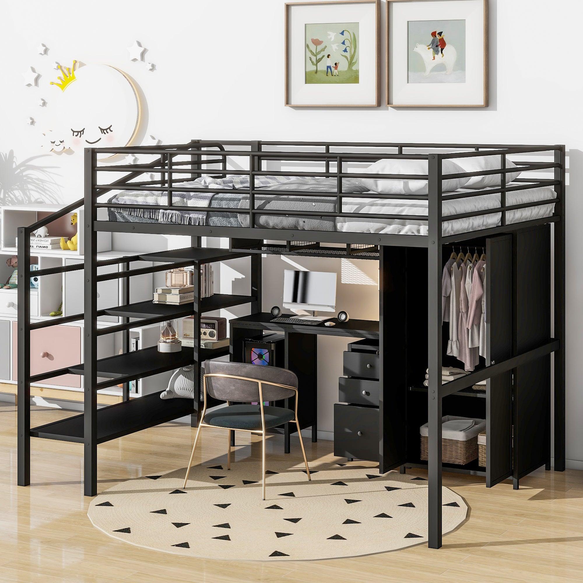 🆓🚛 Metal Loft Bed With Table Set & Wardrobe, Full, Black