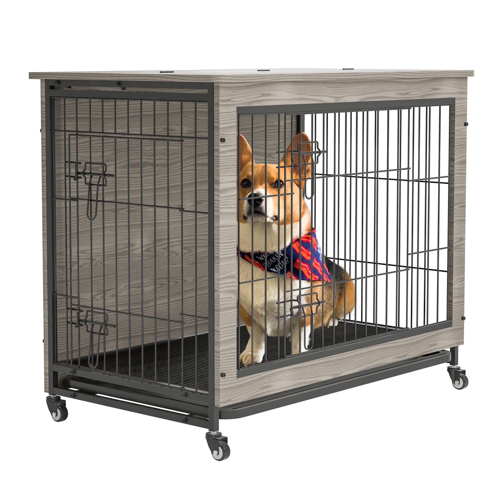 23.6" L X 20" W X 26" H Dog Crate Furniture With Cushion, Wooden Dog Crate Table, Double-Doors Dog Furniture, Dog Kennel Indoor For Small Dog, Dog House, Dog Cage Small,  Rustic Brown Grey