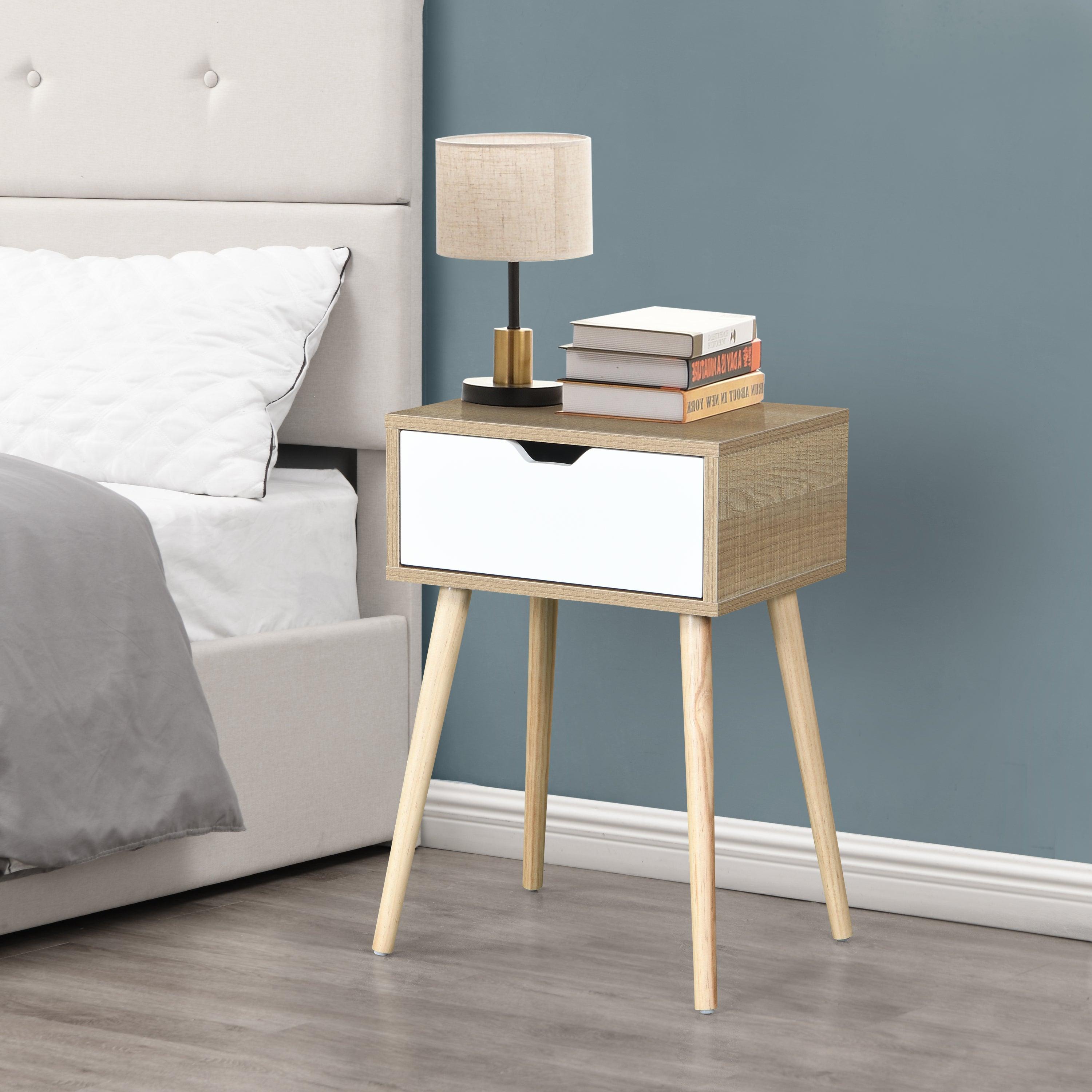 🆓🚛 Side Table With 1 Drawer & Rubber Wood Legs, Mid-Century Modern Storage Cabinet for Bedroom Living Room Furniture, White With Solid Wood Color