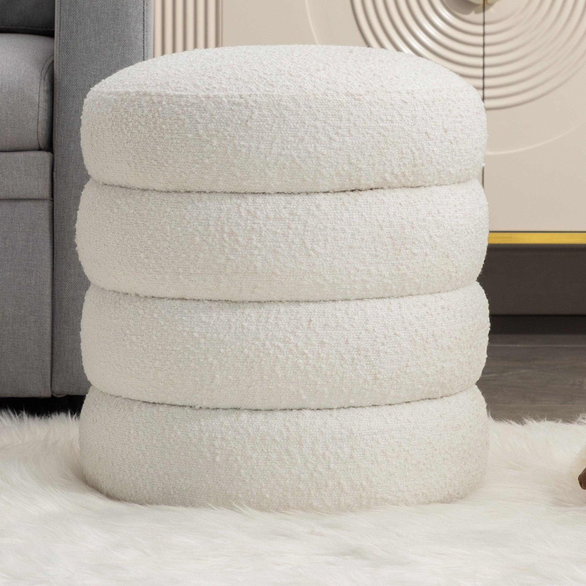 🆓🚛 Verechy Soft Boucle Round Ottoman Footrest Stool, White