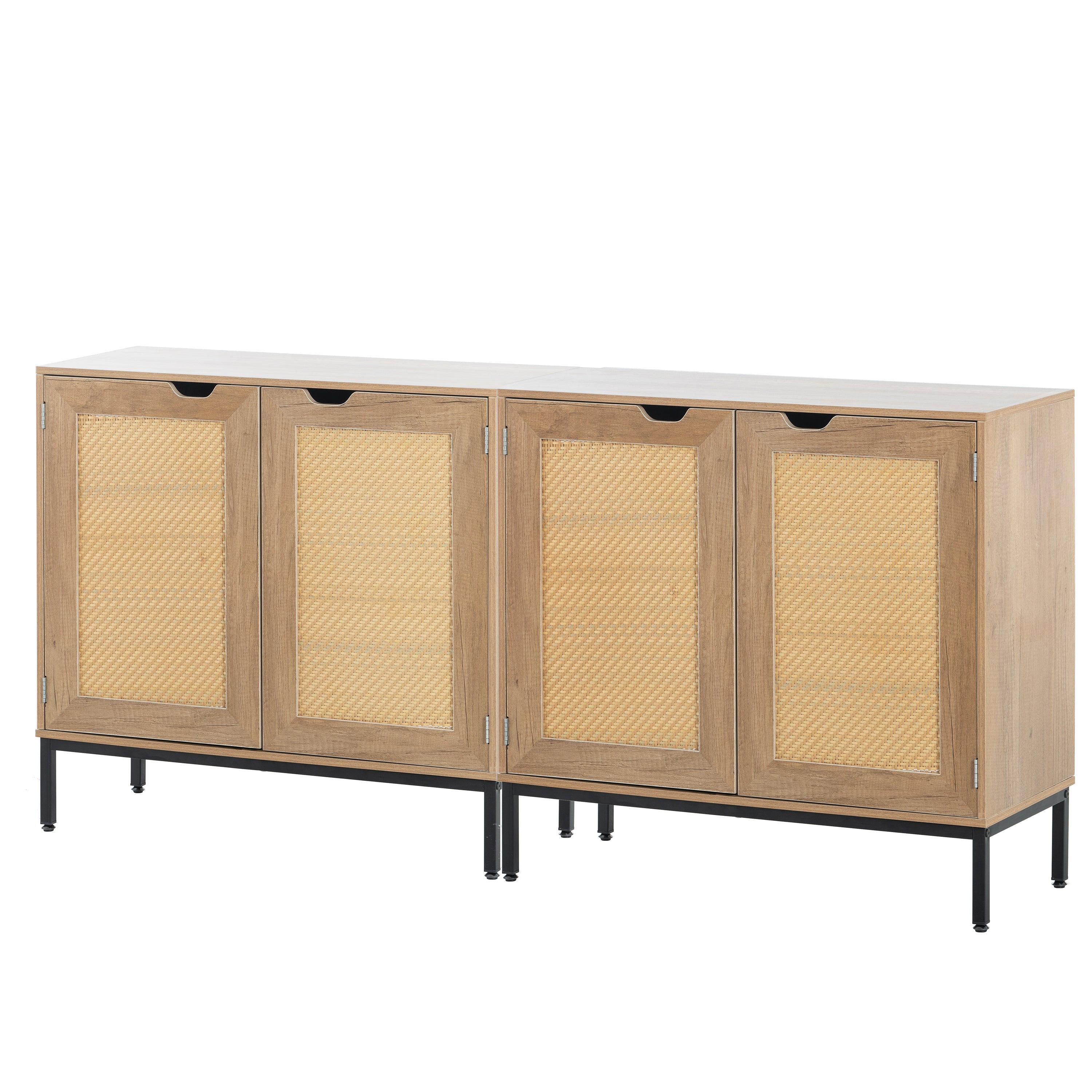 🆓🚛 Set2 Of Rustic Accent Storage Cabinet With 2 Rattan Doors, Mid Century Natural Wood Sideboard Furniture for Living Room