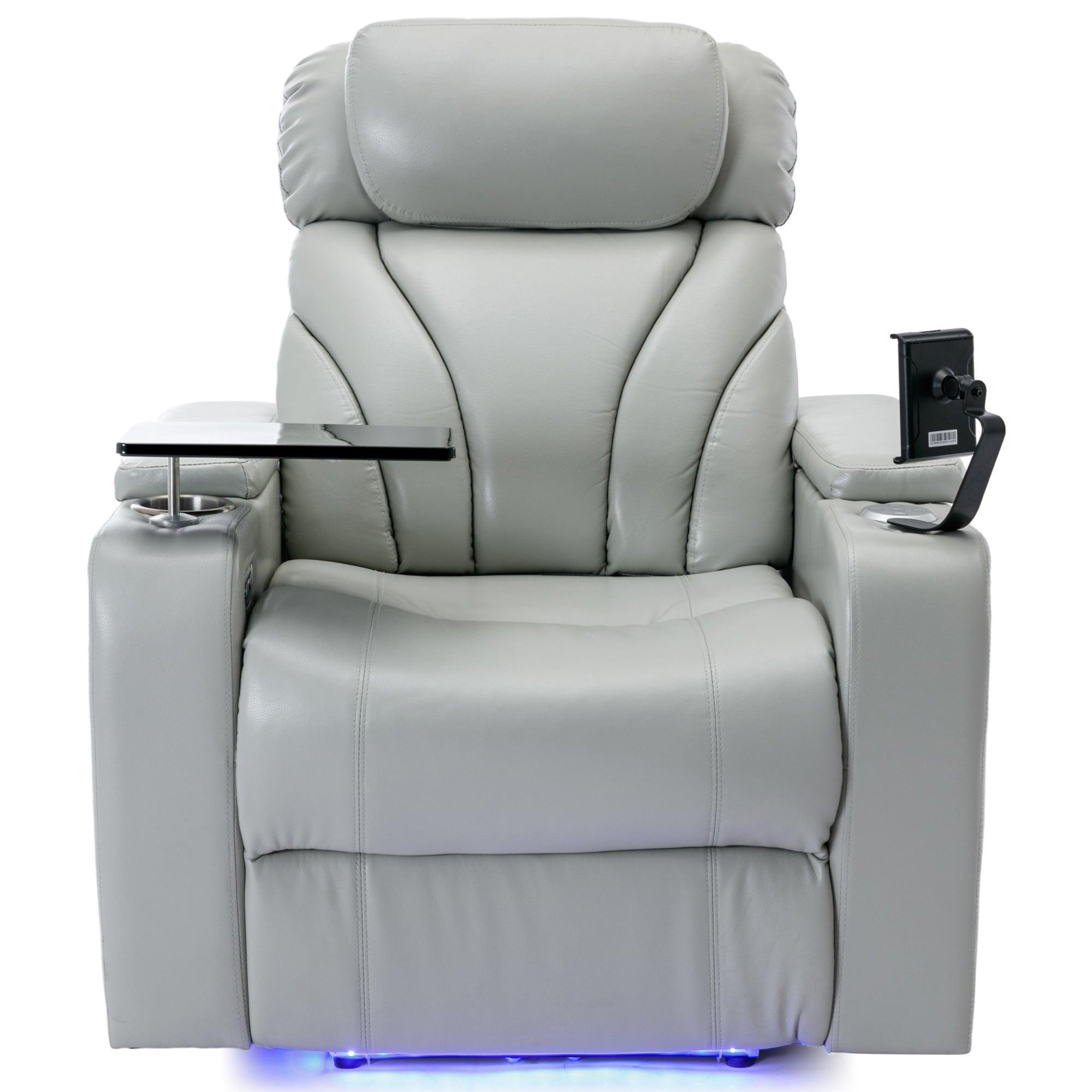 🆓🚛 Power Motion Recliner With Usb Charging Port & Hidden Arm Storage, Home Theater Seating With Convenient Cup Holder Design, & Stereo, Light Gray