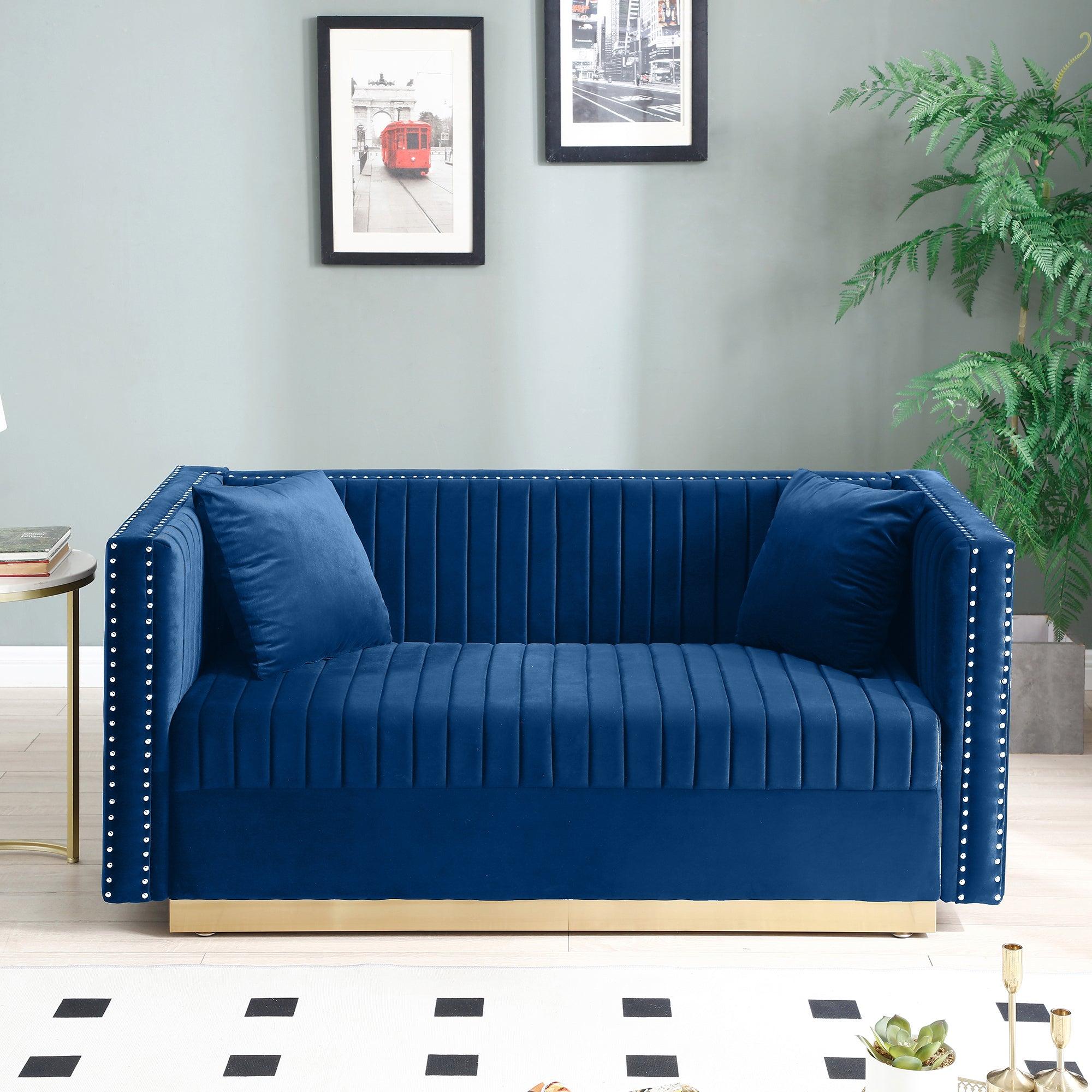 🆓🚛 Contemporary Vertical Channel Tufted Velvet Sofa Loveseat Modern Upholstered 2 Seater Couch for Living Room Apartment With 2 Pillows, Blue