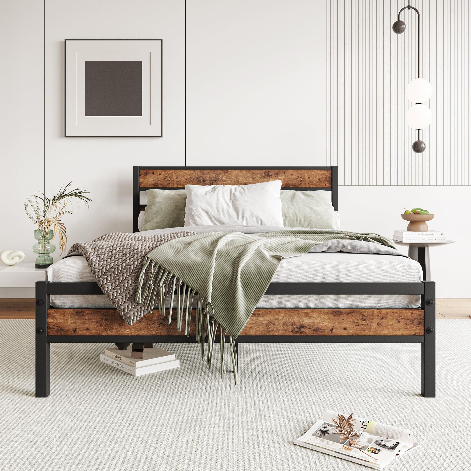 🆓🚛 Full Size Platform Bed Frame With Rustic Vintage Wood Headboard, Strong Metal Slats Support, No Box Spring Needed