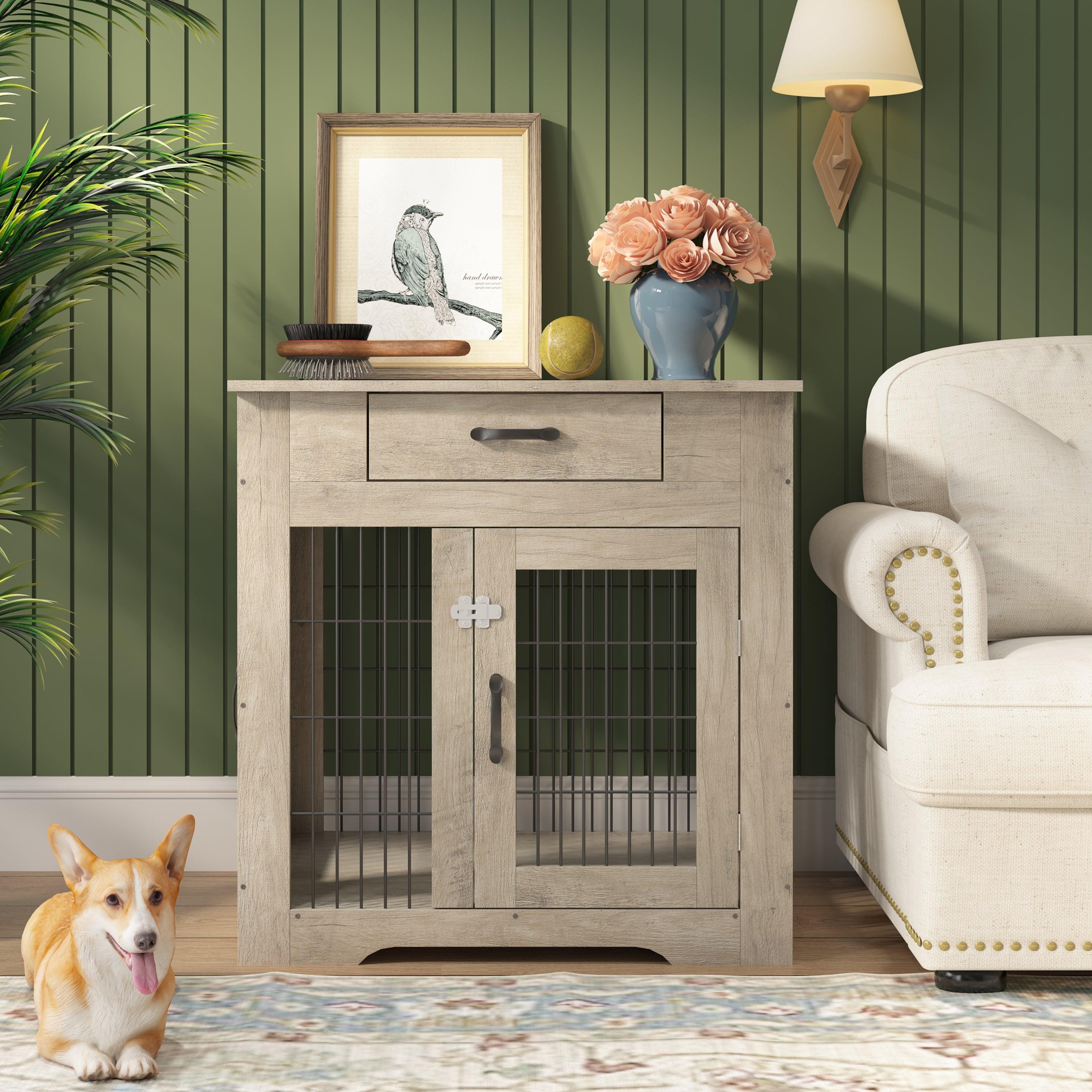 Furniture Style Dog Crate End Table With Drawer, Pet Kennels With Double Doors, Dog House Indoor Use, Grey, 29.9'' W X 24.8'' D X 30.71'' H.